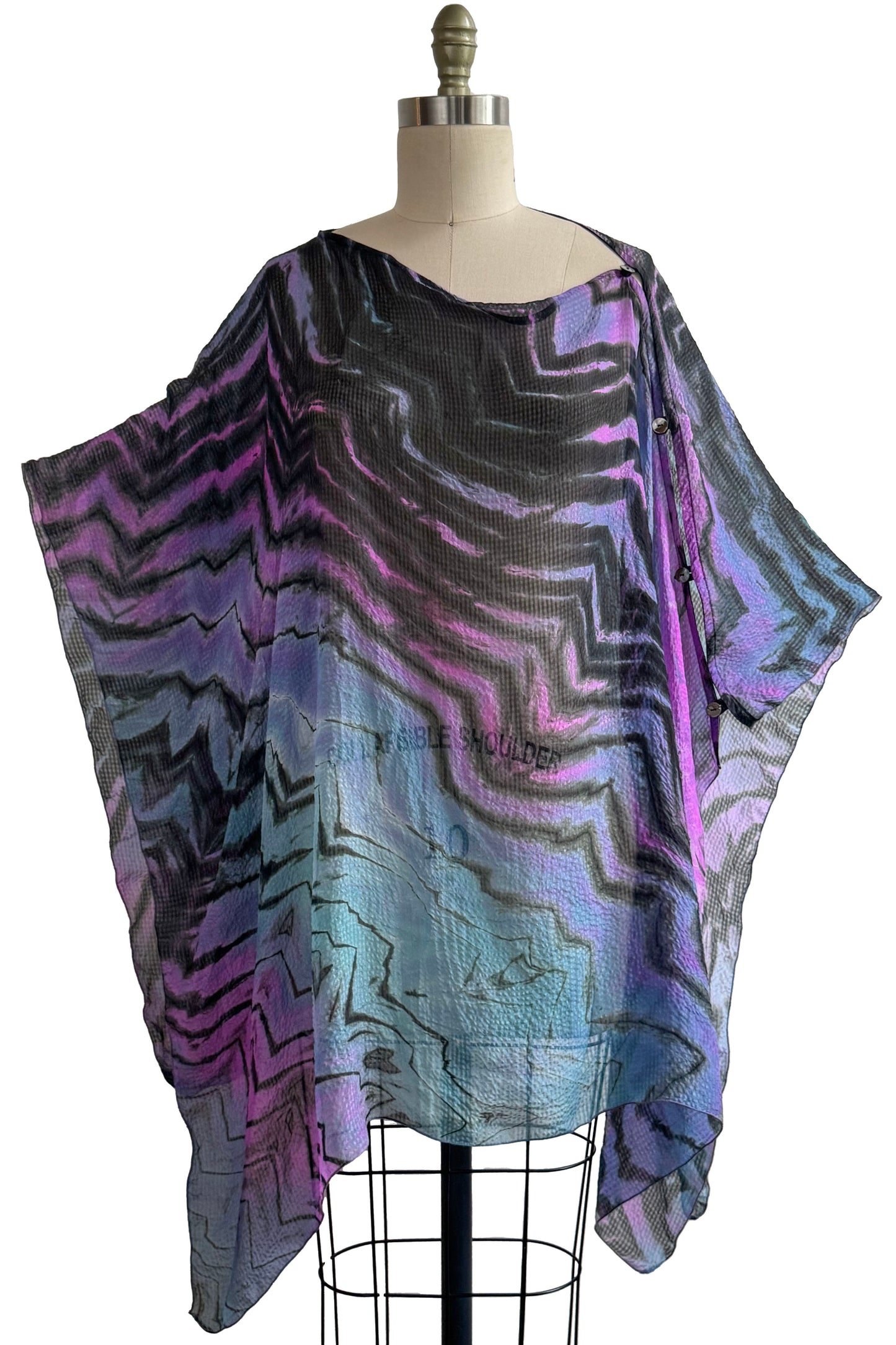 Button Drape in Seersucker Silk w/ Shibori Arashi Dye - Black, Blue & Purple