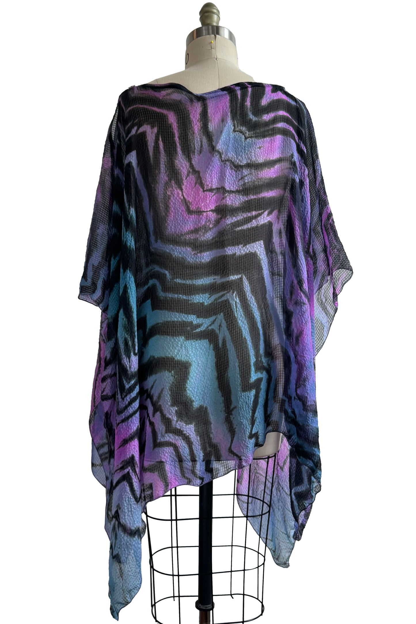 Button Drape in Seersucker Silk w/ Shibori Arashi Dye - Black, Blue & Purple