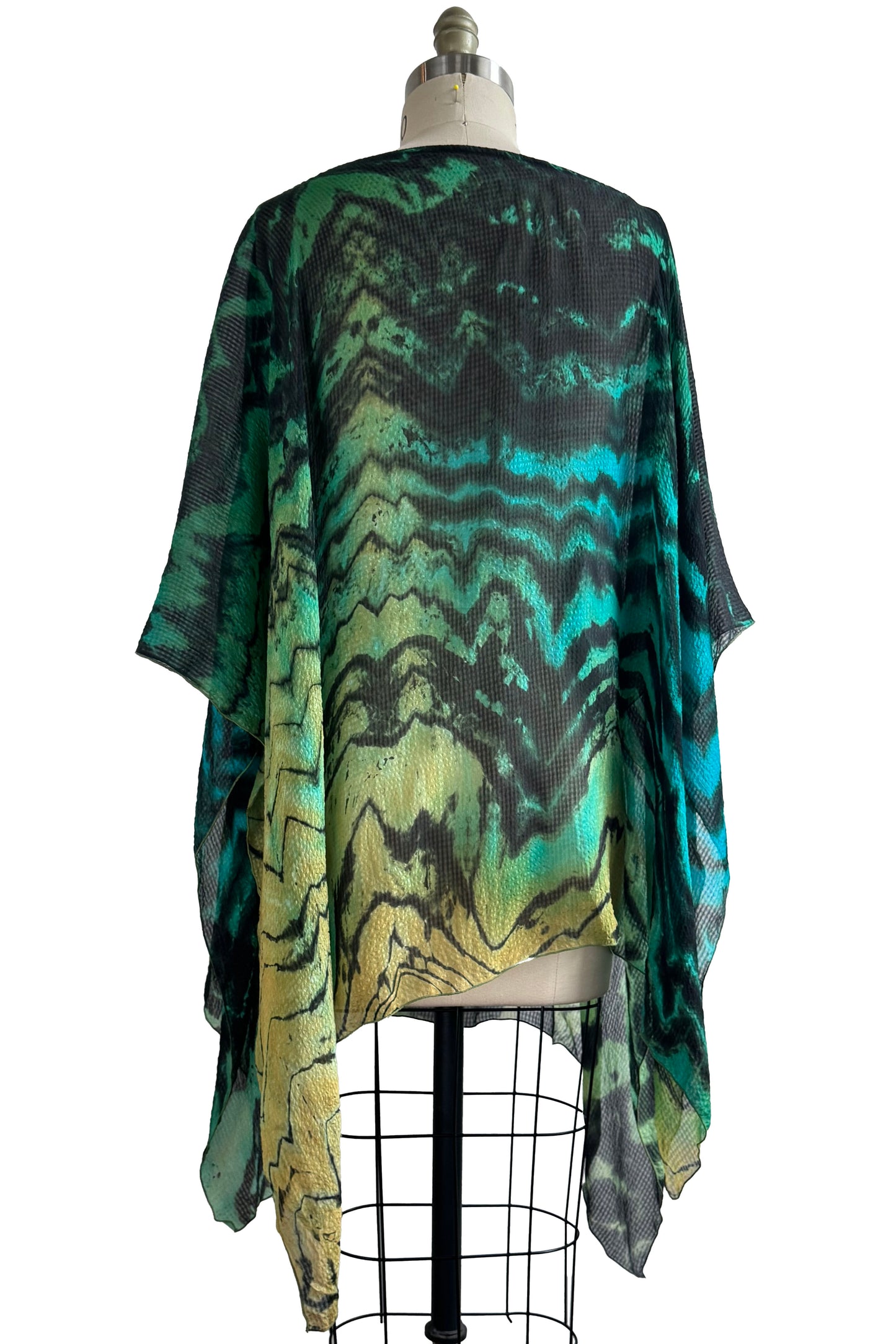 Button Drape in Seersucker Silk w/ Shibori Arashi Dye - Turquoise & Chartreuse