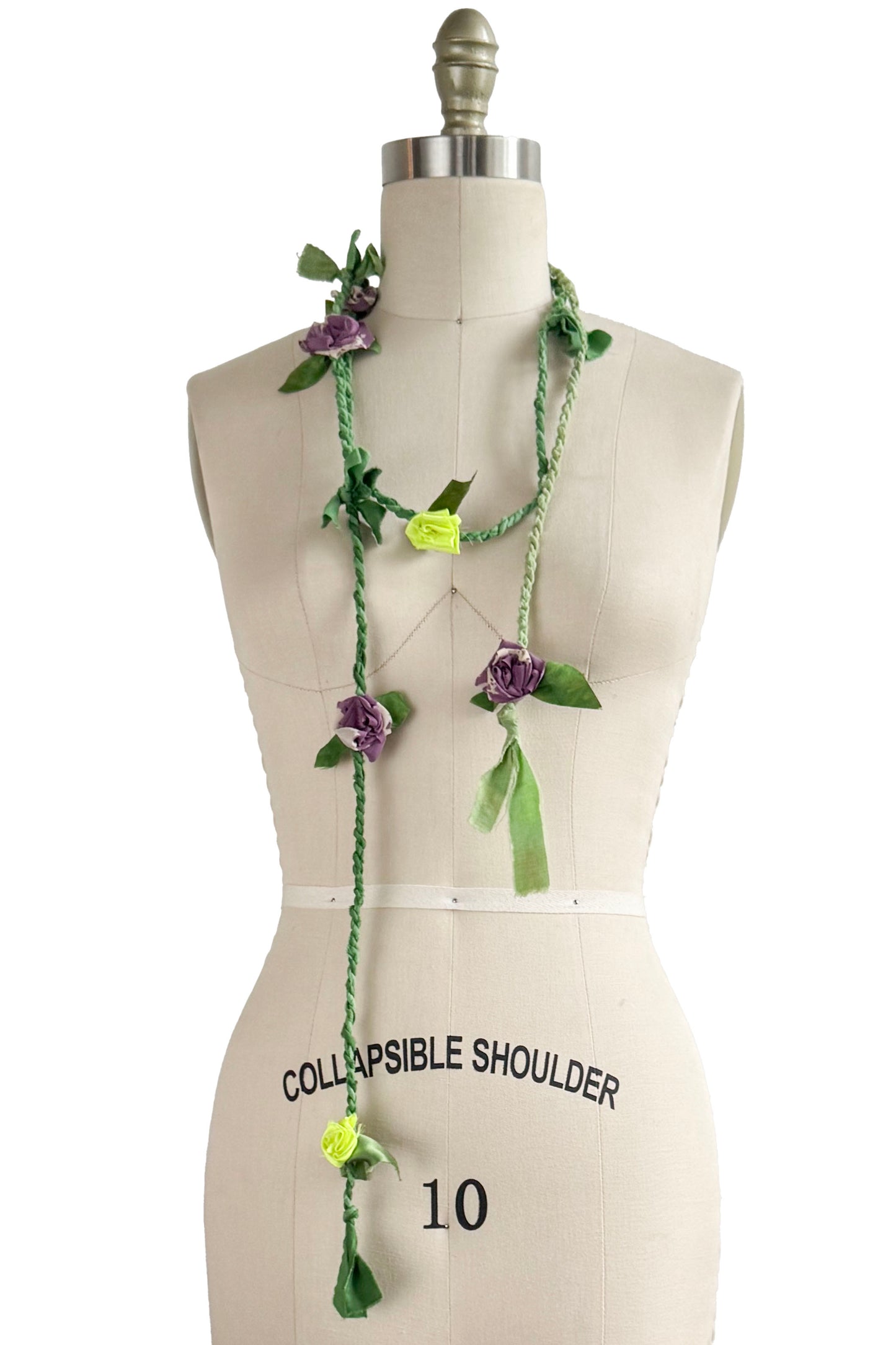 Hand Twisted Green Rope Lariat w/ Silk Flowers - Purple & Lime Green