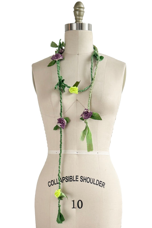 Hand Twisted Green Rope Lariat w/ Silk Flowers - Purple & Lime Green