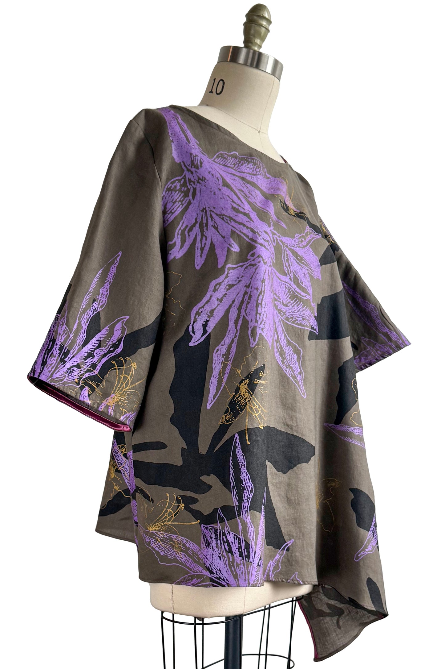 Asymmetrical Top in Linen w/ Azalea Print - Grey, Violet, Black & Gold - Large