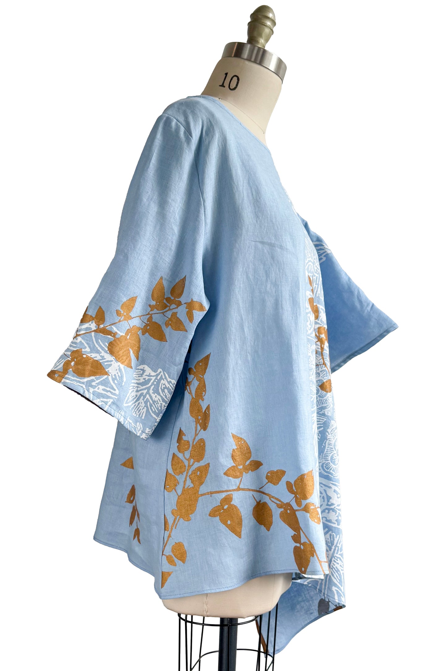 Asymmetrical Top in Linen w/ Tile & Vine Print - Light Blue, Gold & White - Large