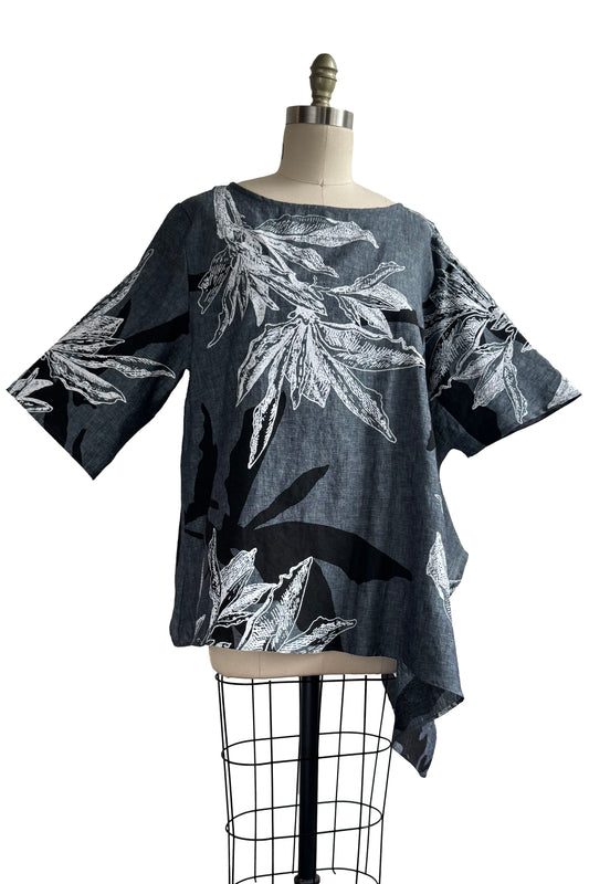 Asymmetrical Top in Linen w/ Azalea Print - Denim Blue, White & Black - Large