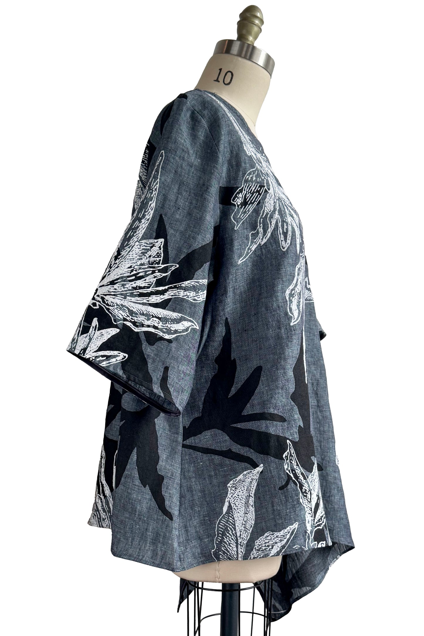 Asymmetrical Top in Linen w/ Azalea Print - Denim Blue, White & Black - Large