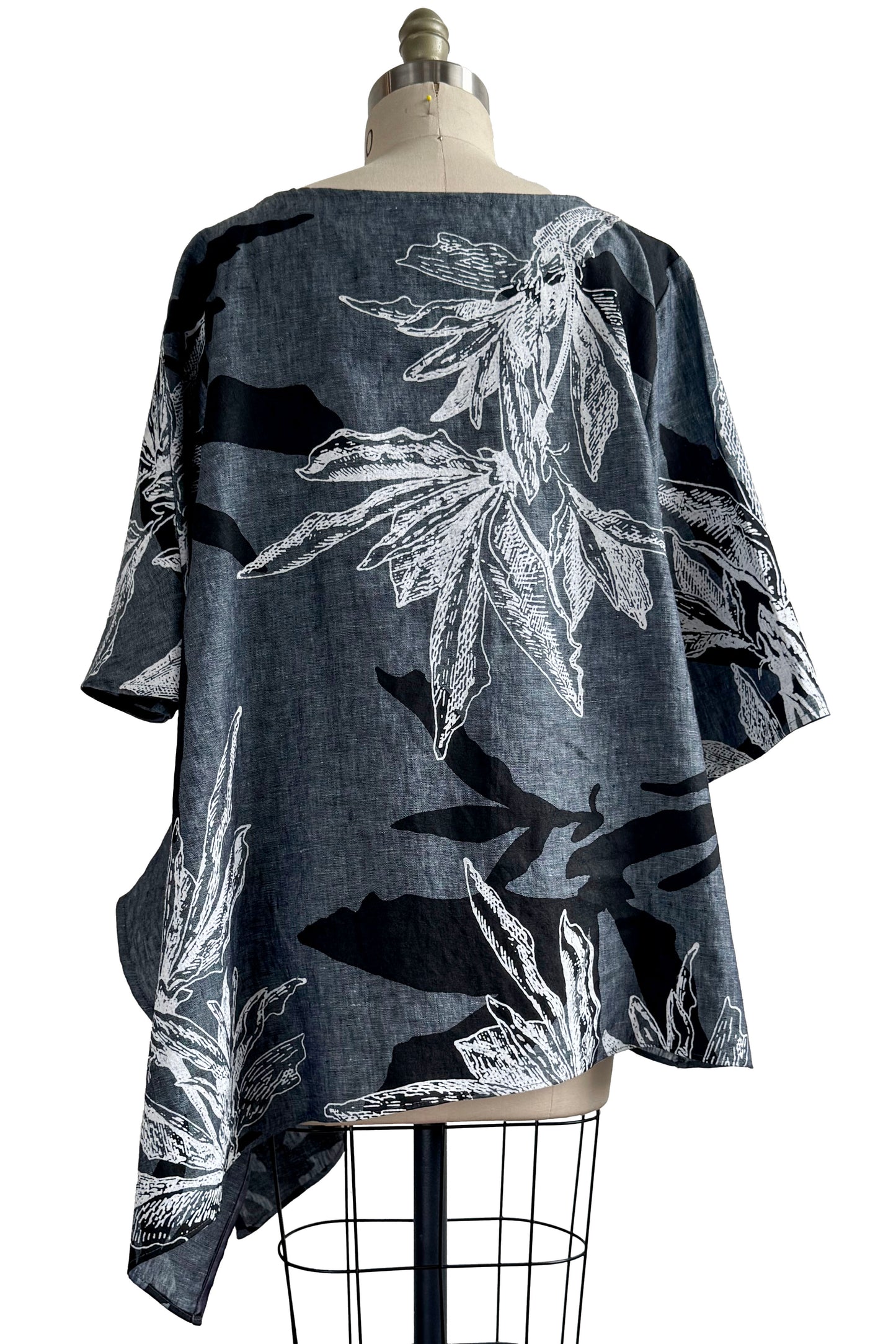 Asymmetrical Top in Linen w/ Azalea Print - Denim Blue, White & Black - Large