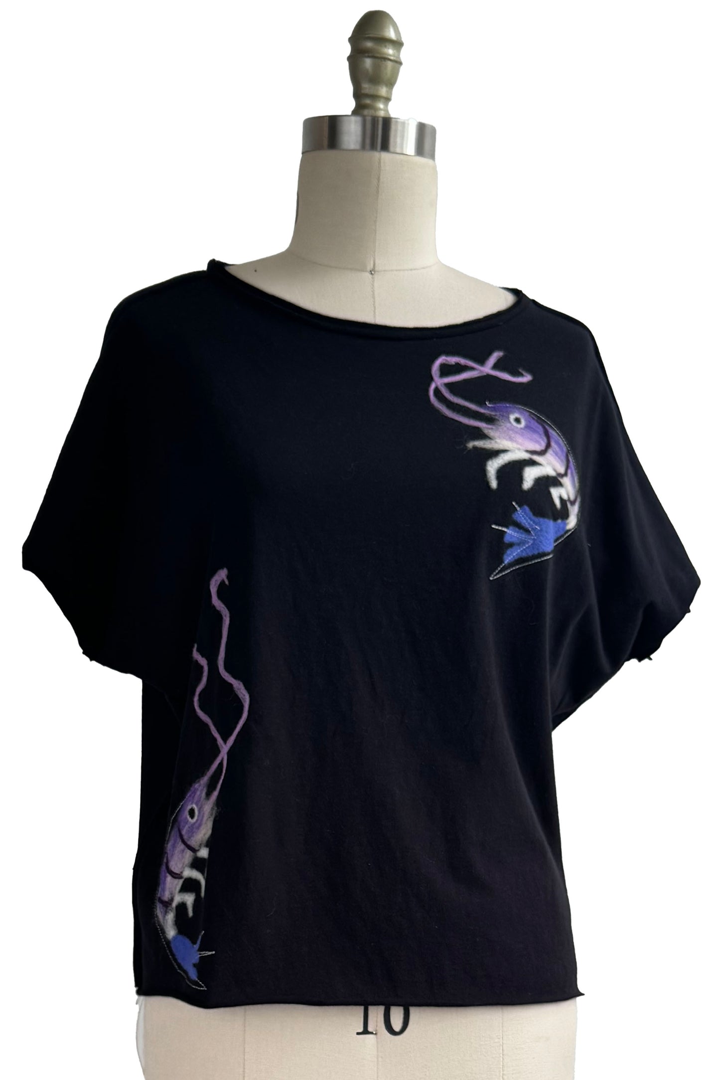 Jen Crop Top w/ Felted Crawfish - Black, Purple & Blue
