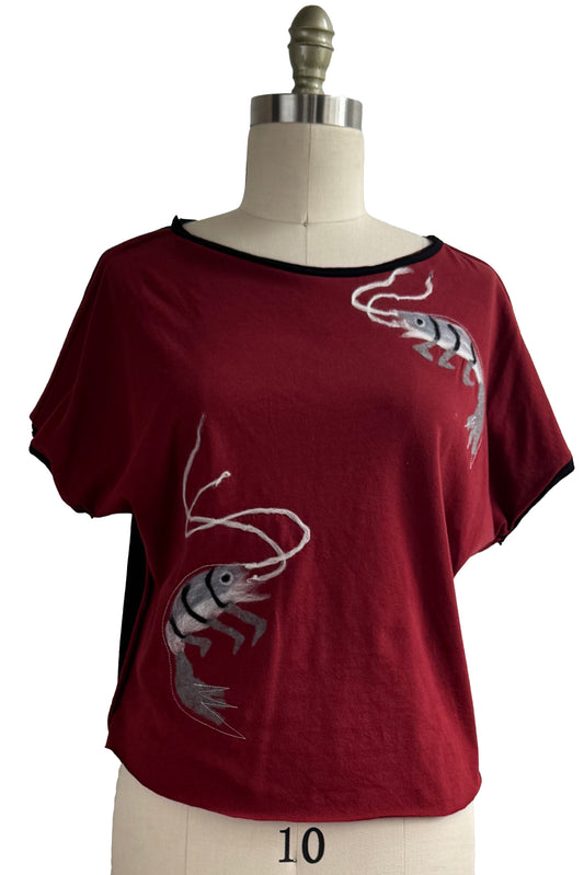 Jen Crop Top w/ Felted Crawfish - Brick Red & Black