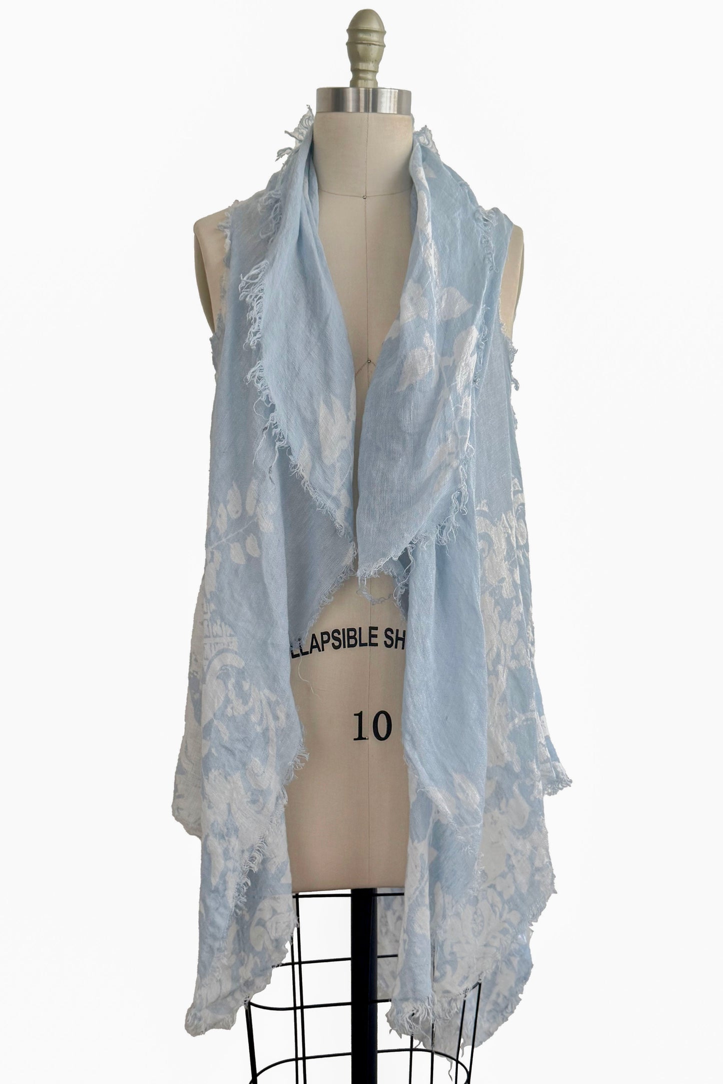 Asymmetrical Wrap Vest in Linen - Wallpaper & Vine Print - Light Blue & White