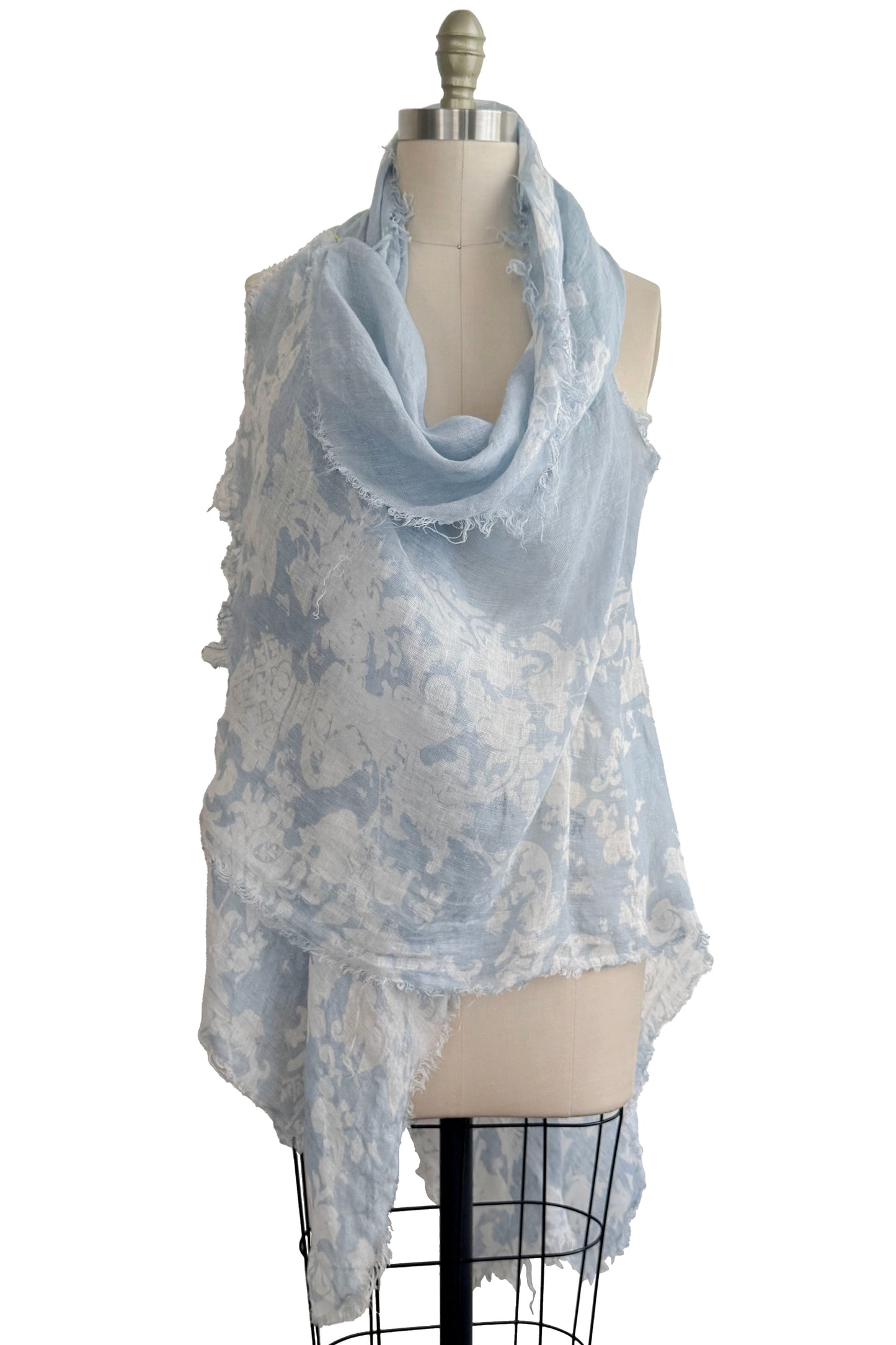 Asymmetrical Wrap Vest in Linen - Wallpaper & Vine Print - Light Blue & White