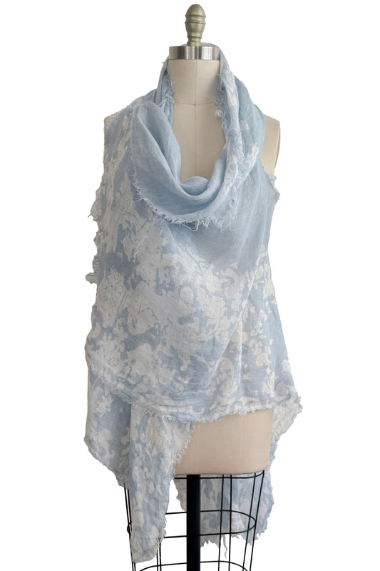 Asymmetrical Wrap Vest in Linen - Wallpaper & Vine Print - Light Blue & White