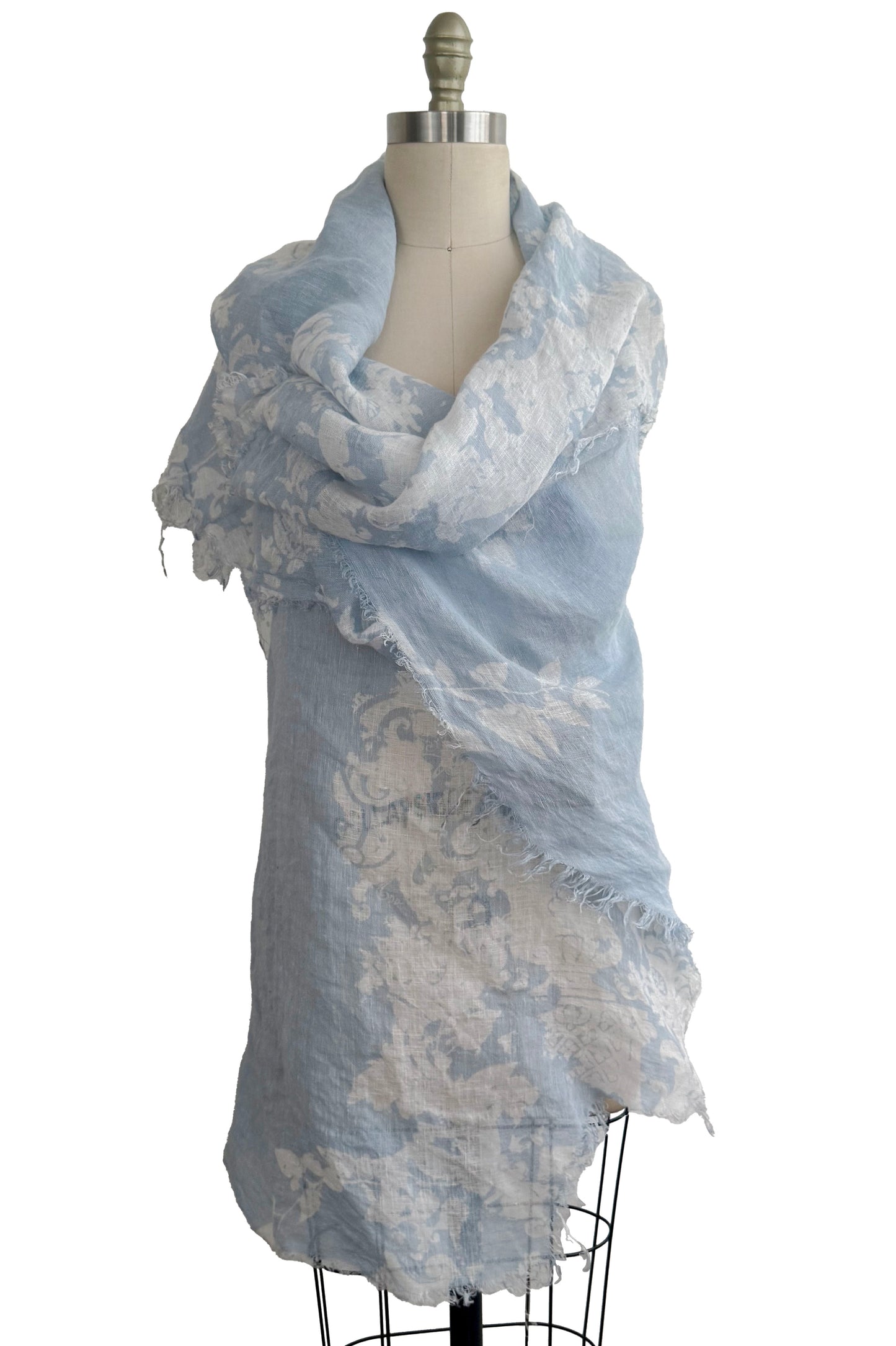 Asymmetrical Wrap Vest in Linen - Wallpaper & Vine Print - Light Blue & White