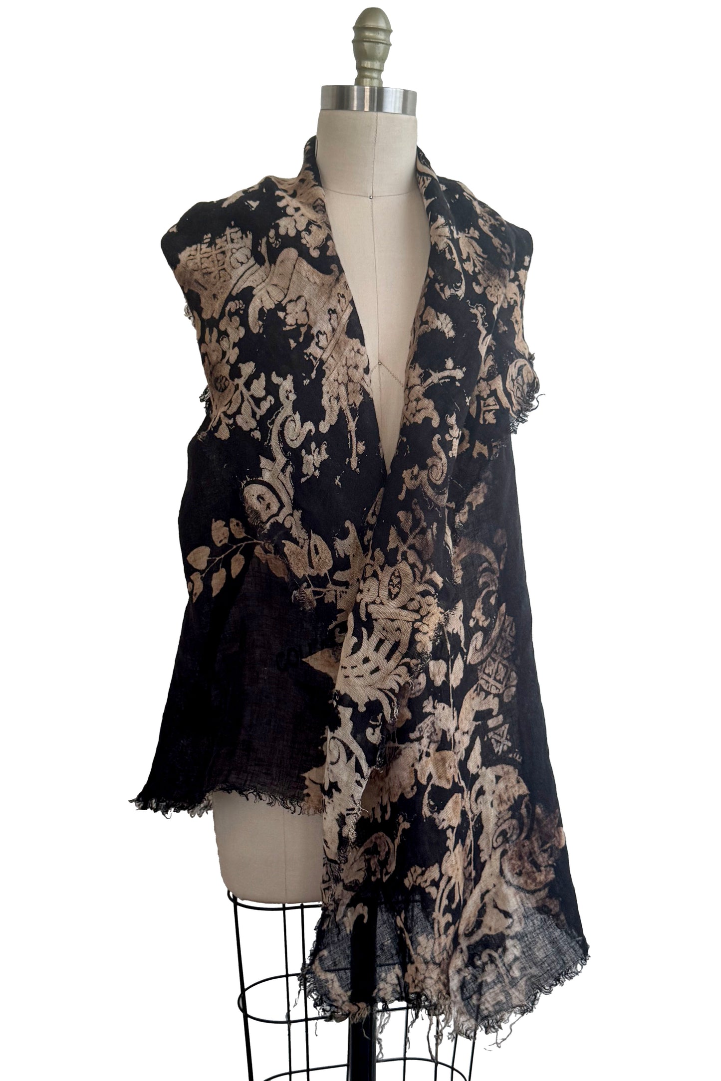 Asymmetrical Wrap Vest in Linen - Wallpaper & Vine Print - Black & Natural