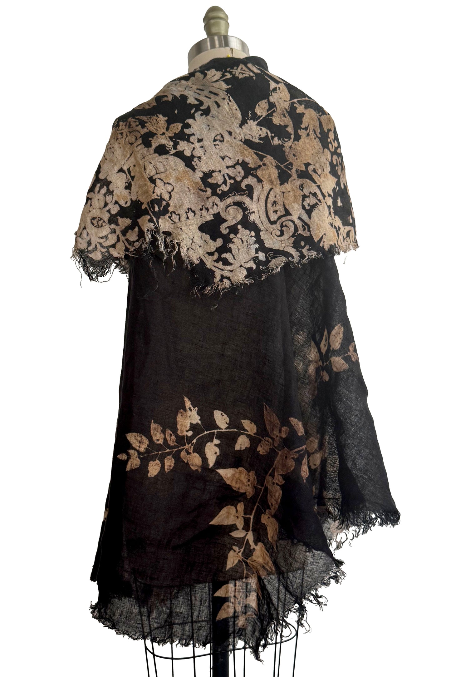 Asymmetrical Wrap Vest in Linen - Wallpaper & Vine Print - Black & Natural