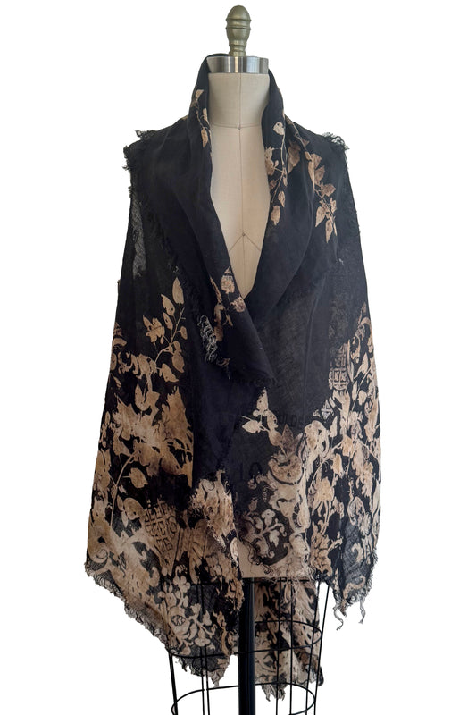 Asymmetrical Wrap Vest in Linen - Wallpaper & Vine Print - Black & Natural