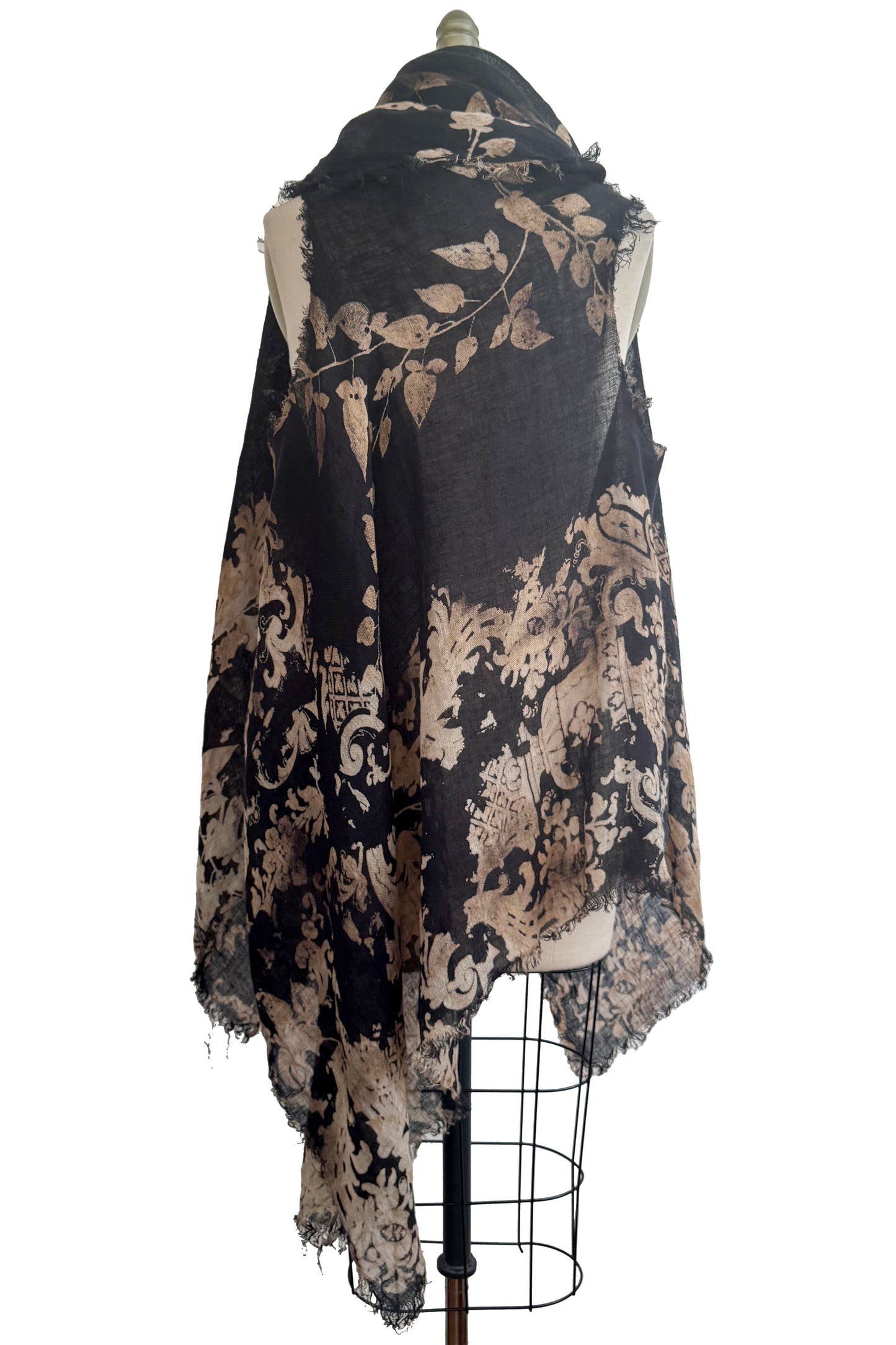 Asymmetrical Wrap Vest in Linen - Wallpaper & Vine Print - Black & Natural