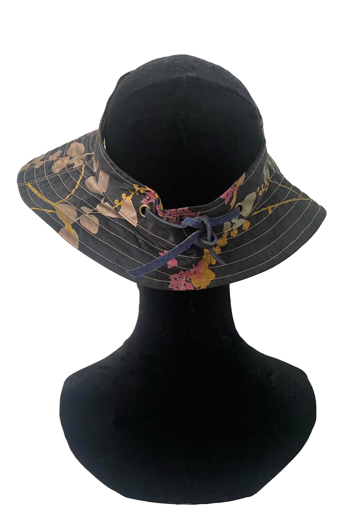 Rimini Visor in Silk Taffeta - Vine Print - Black, Gold & Pink