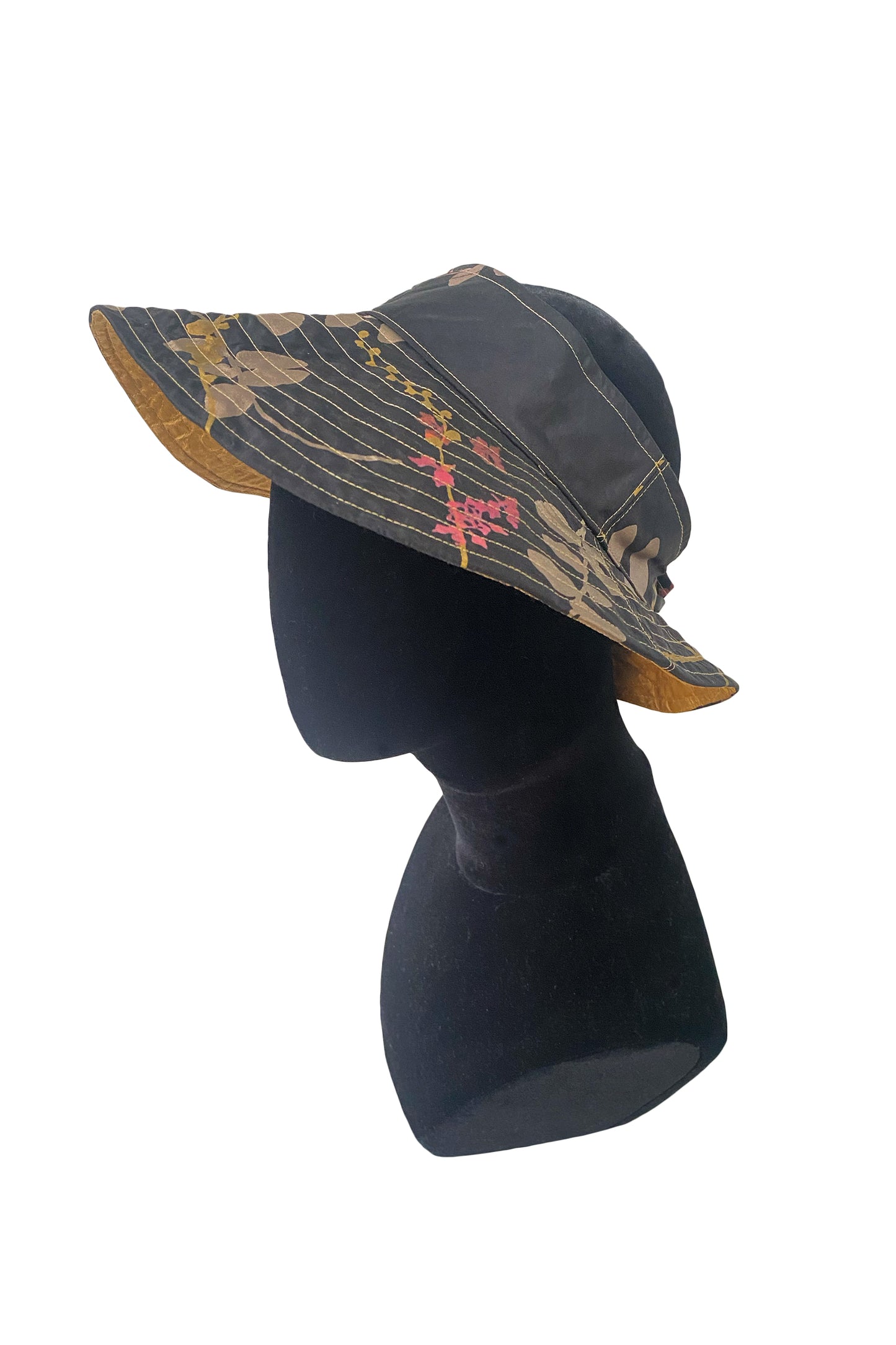 Rimini Visor in Silk Taffeta - Vine Print - Black, Gold & Pink
