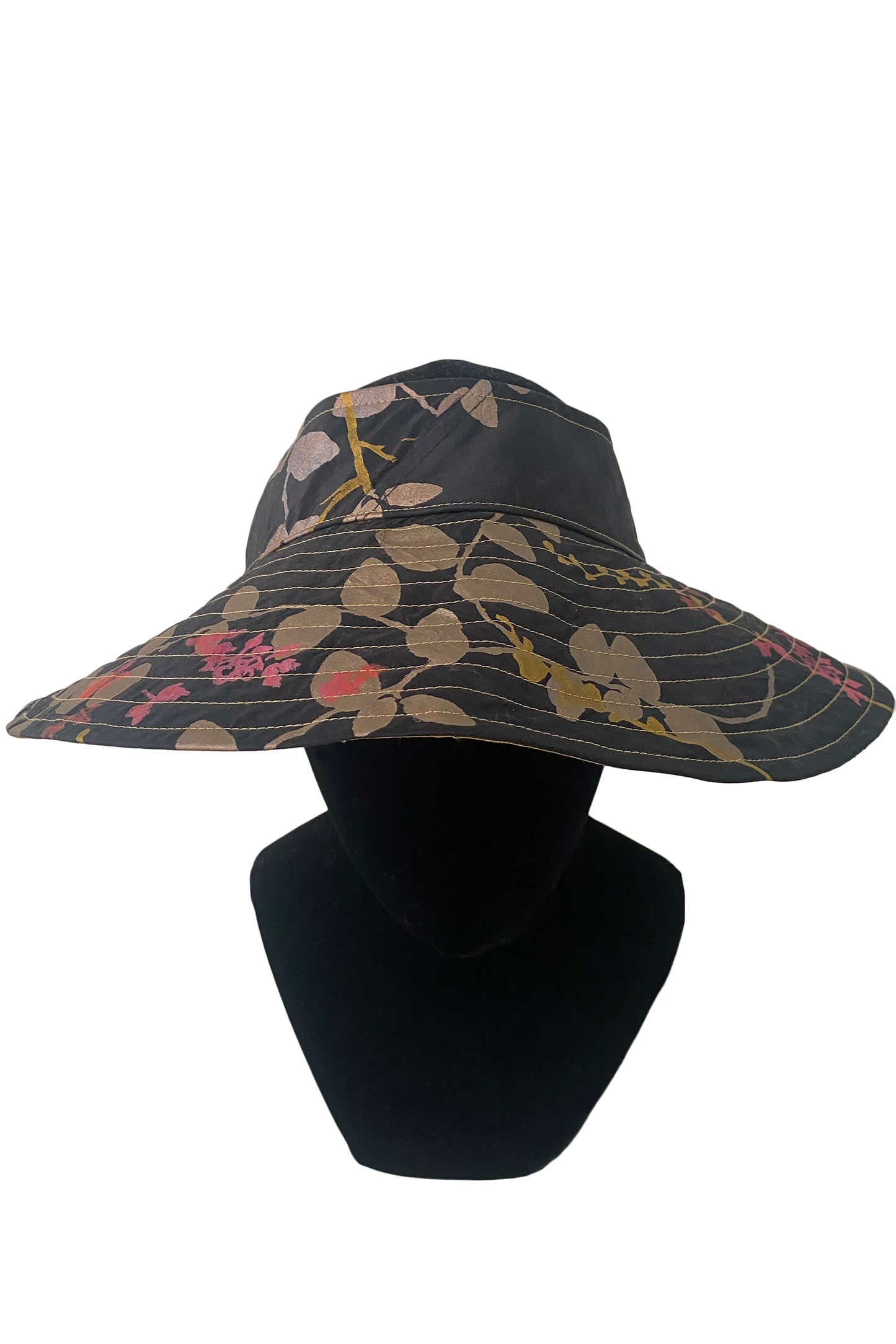 Rimini Visor in Silk Taffeta - Vine Print - Black, Gold & Pink