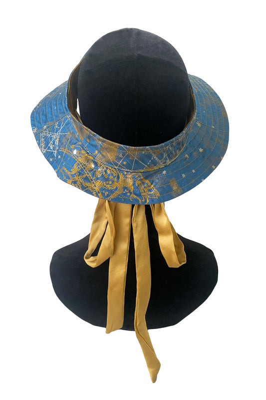 Rimini Visor in Silk Taffeta w/ Celestial Print - Blue & Gold