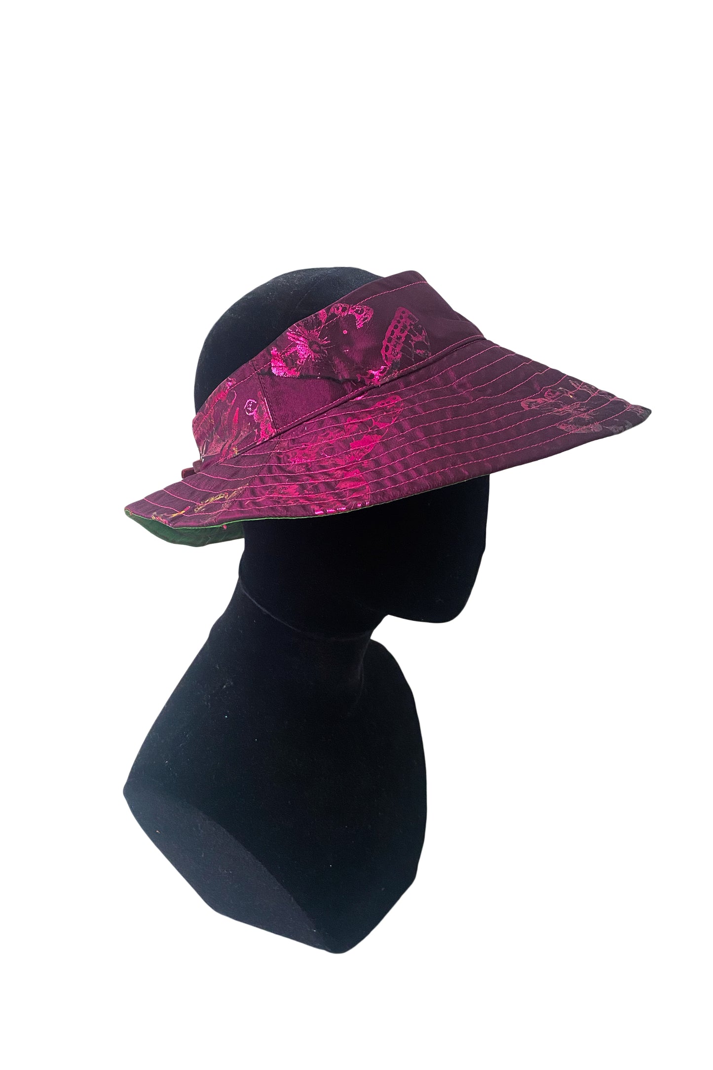 Rimini Visor in Silk Taffeta - Butterfly Print - Purple & Green