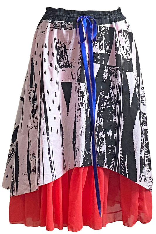 Cannes Skirt w/ Brass Print - Black, White & Coral