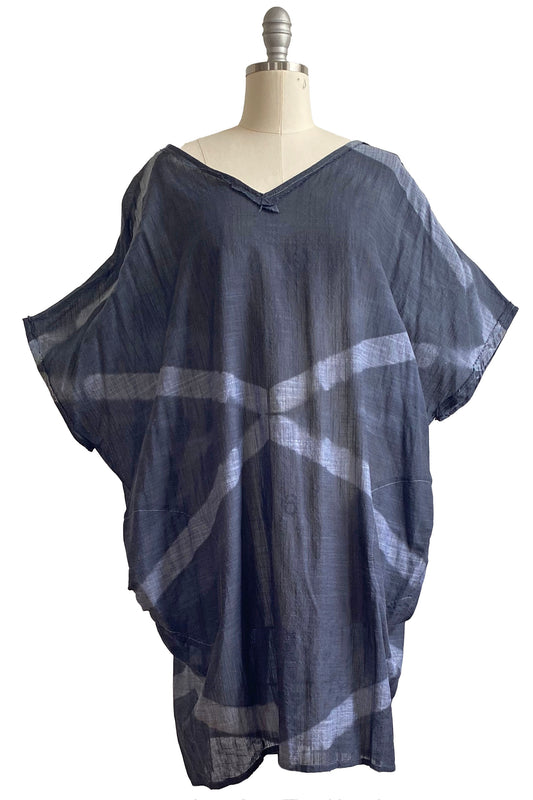 Kaftan Tunic Top w/ Itajime Dye - Grey & White