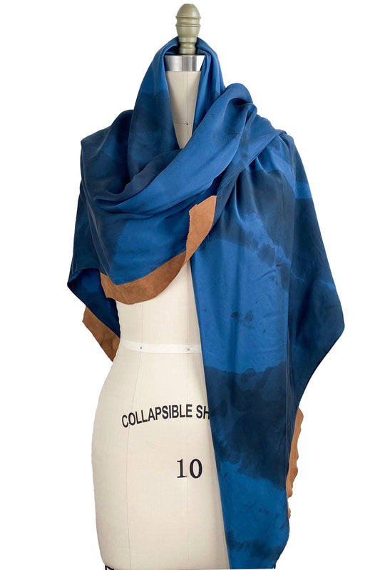 Triangle Shawl w/ Leather Trim Spray Dye - Blue & Tan