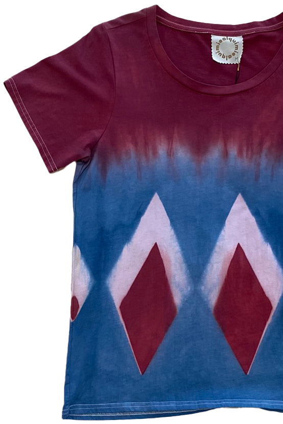 KB x Alquimie Studio Dyed T-Shirt - Shibori Diamond - Maroon, Blue & Natural - Women's M