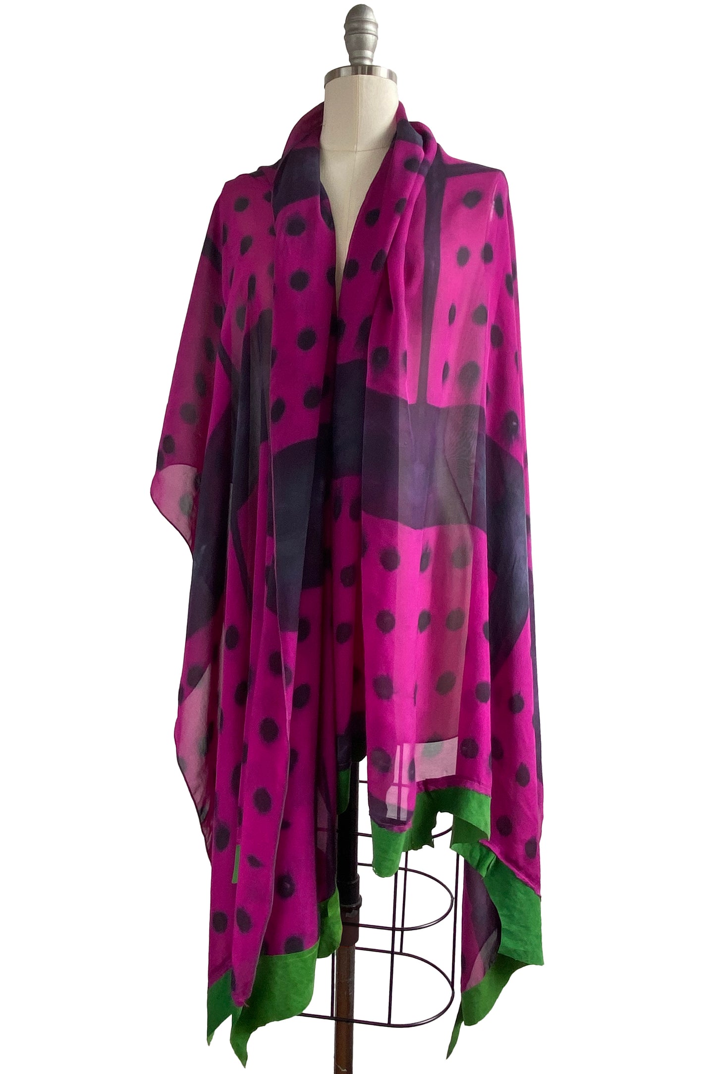 Chiffon Shawl w/ Leather Trim Domino Dye - Magenta & Green