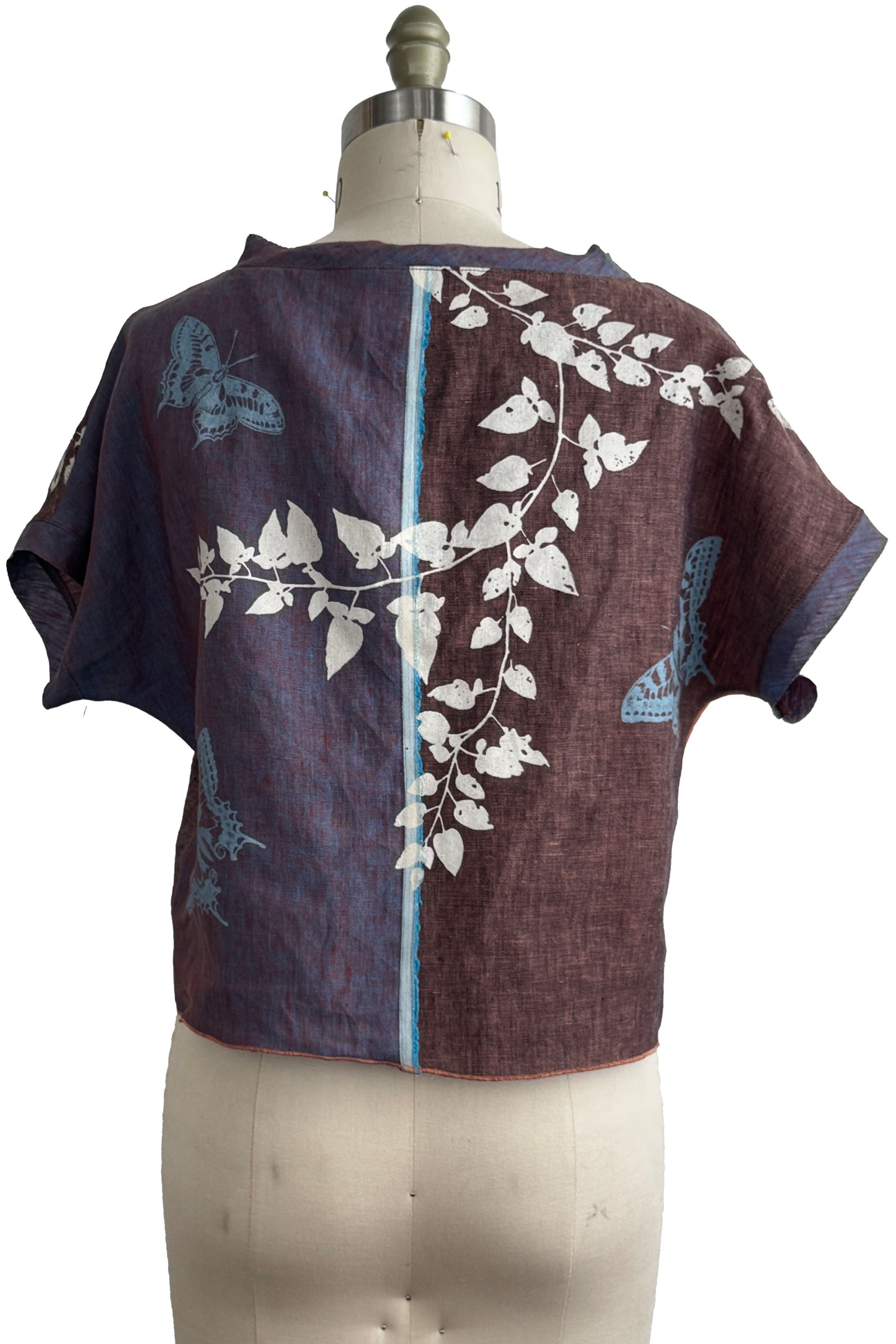 Jen Top | Linen | Vine & Butterfly Print | Orange, Brown & White | Small