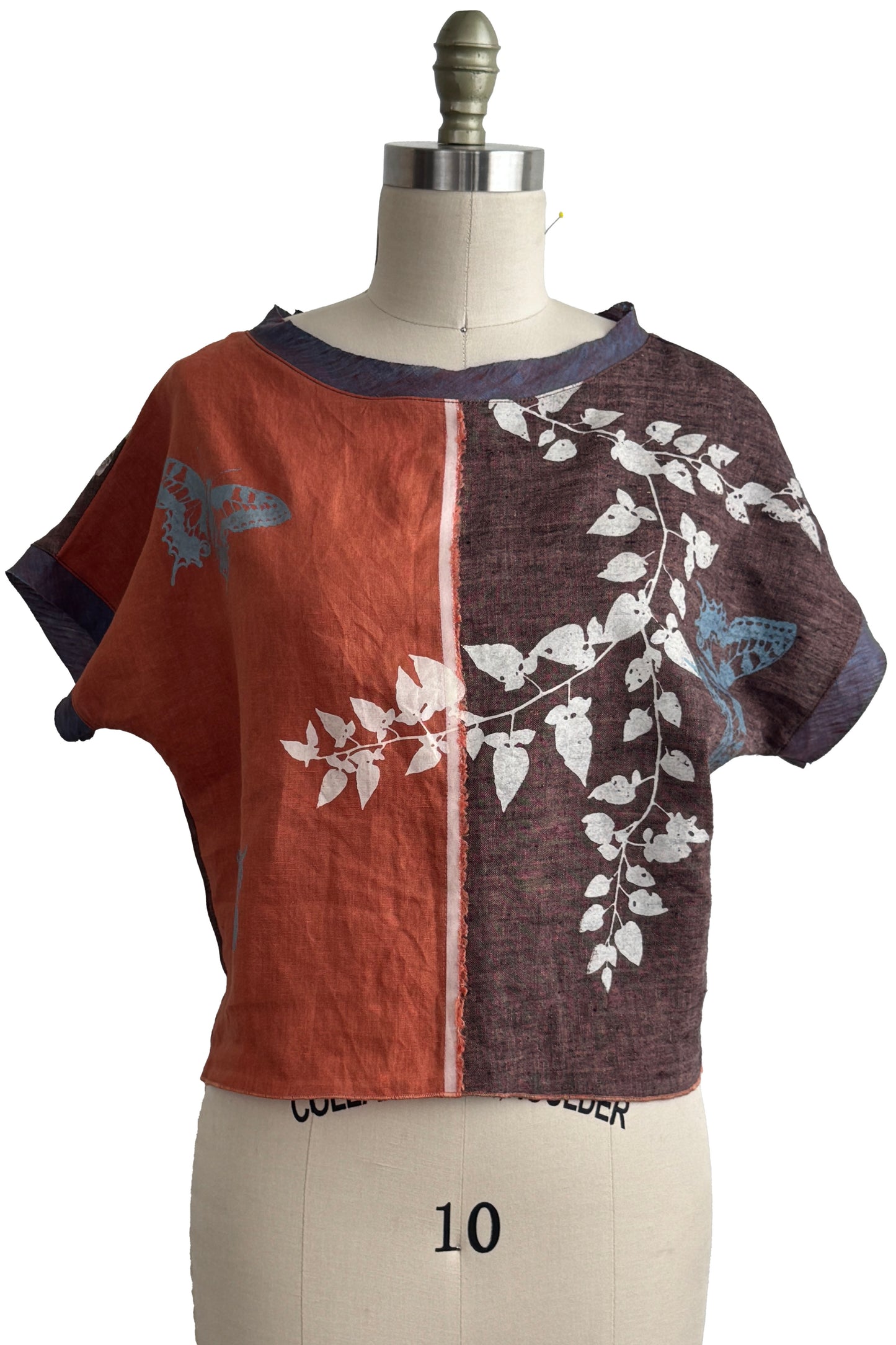 Jen Top | Linen | Vine & Butterfly Print | Orange, Brown & White | Small