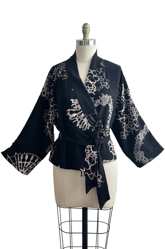 Kimono Jacket | Heavyweight Pebble Silk | Oceana Print | Black & Natural | X-Small