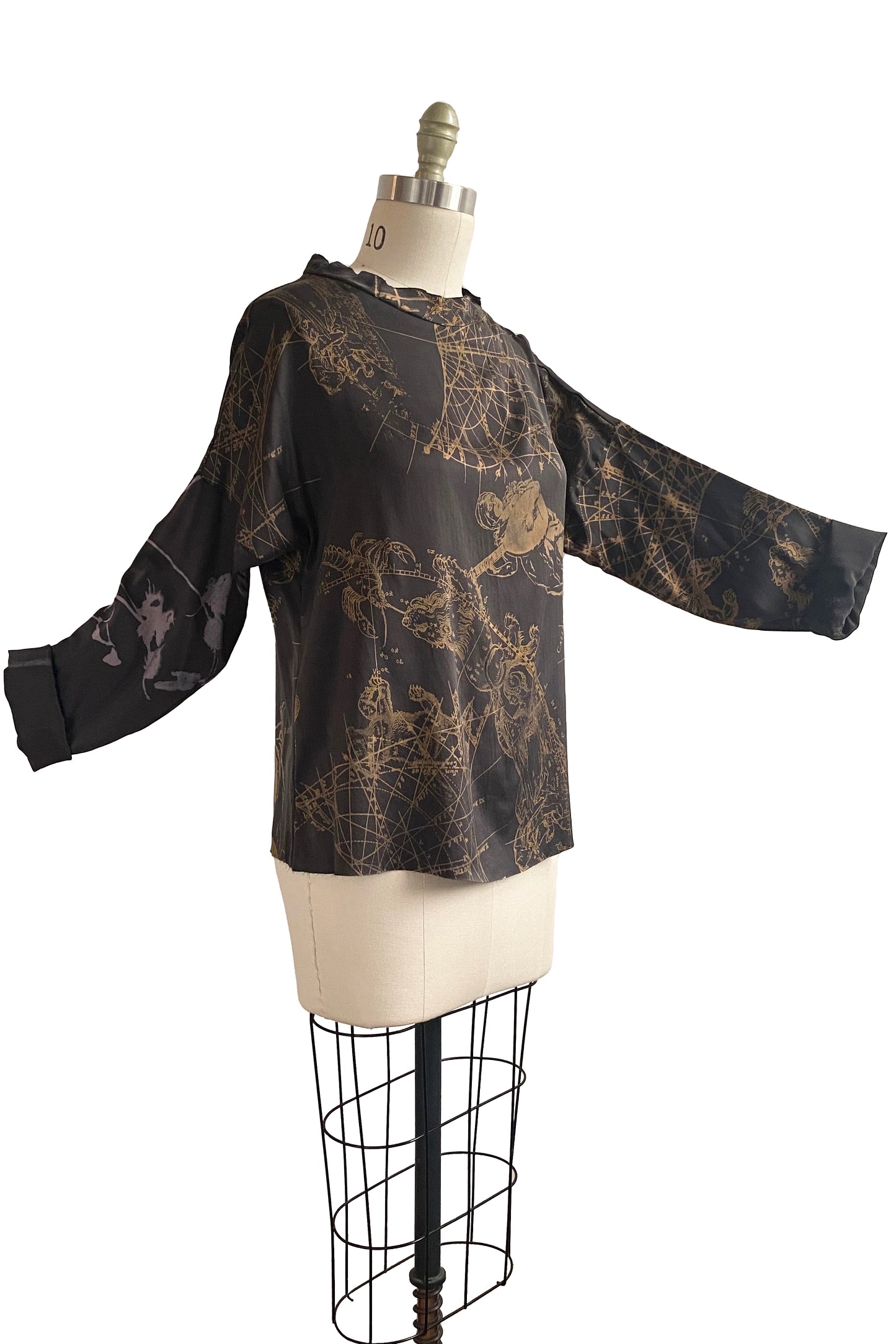 Portia Top in Stretch Silk w/ Celestial Print - Charcoal & Natural Gold