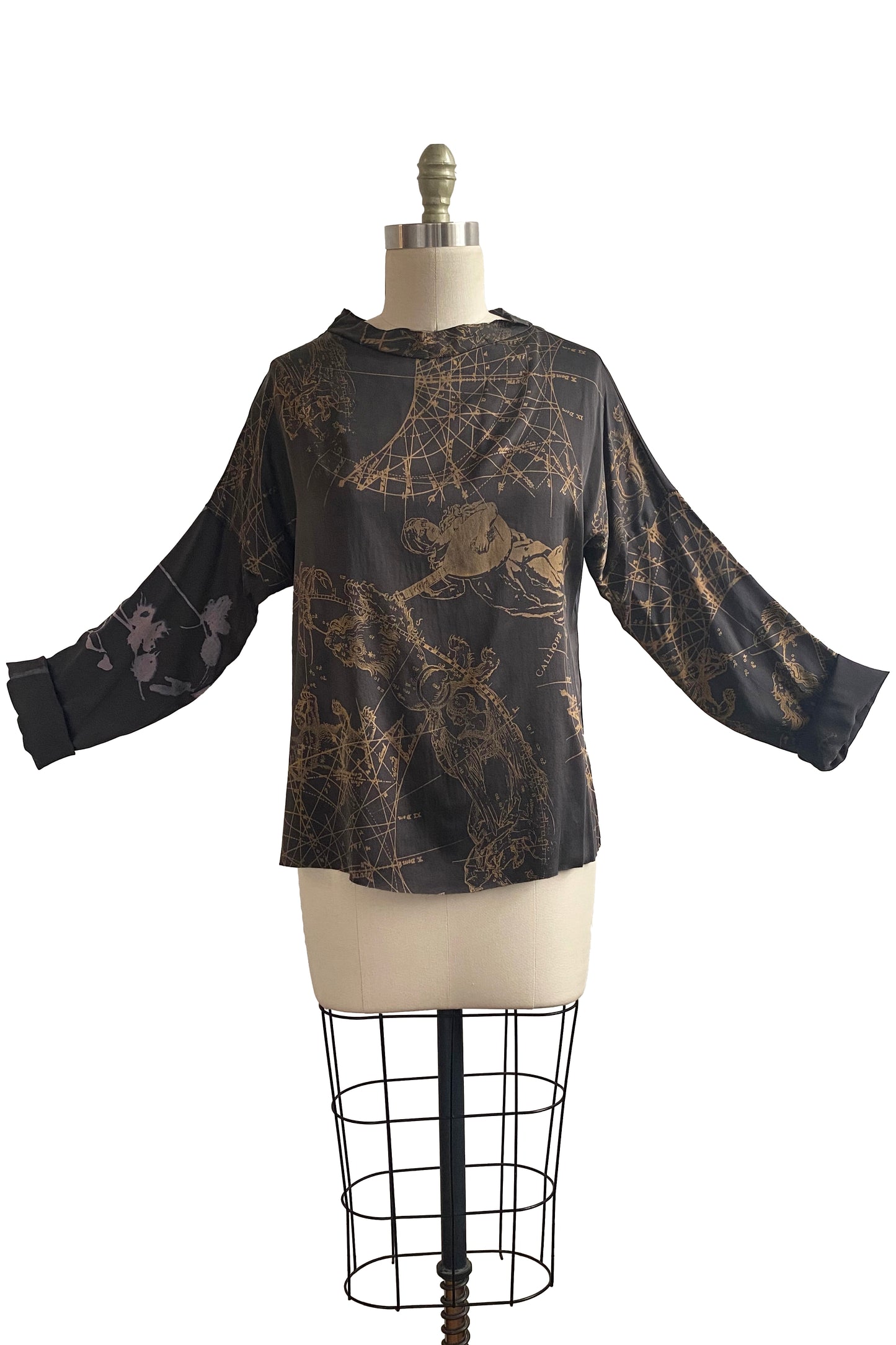 Portia Top in Stretch Silk w/ Celestial Print - Charcoal & Natural Gold