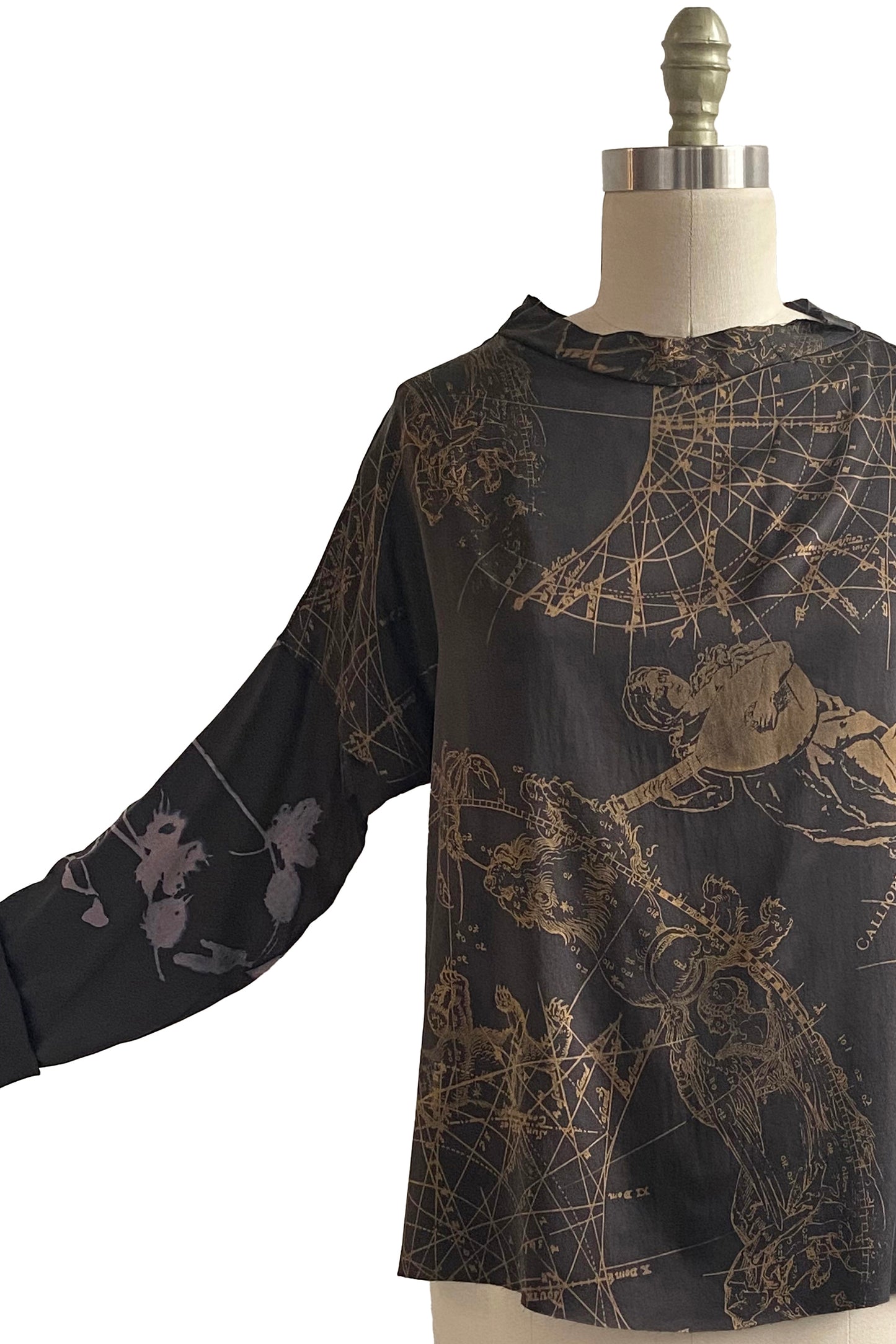 Portia Top in Stretch Silk w/ Celestial Print - Charcoal & Natural Gold