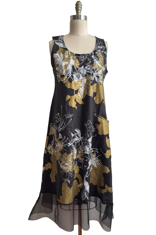 Emilia Dress w/ Azalea Print - Black & Gold - Small