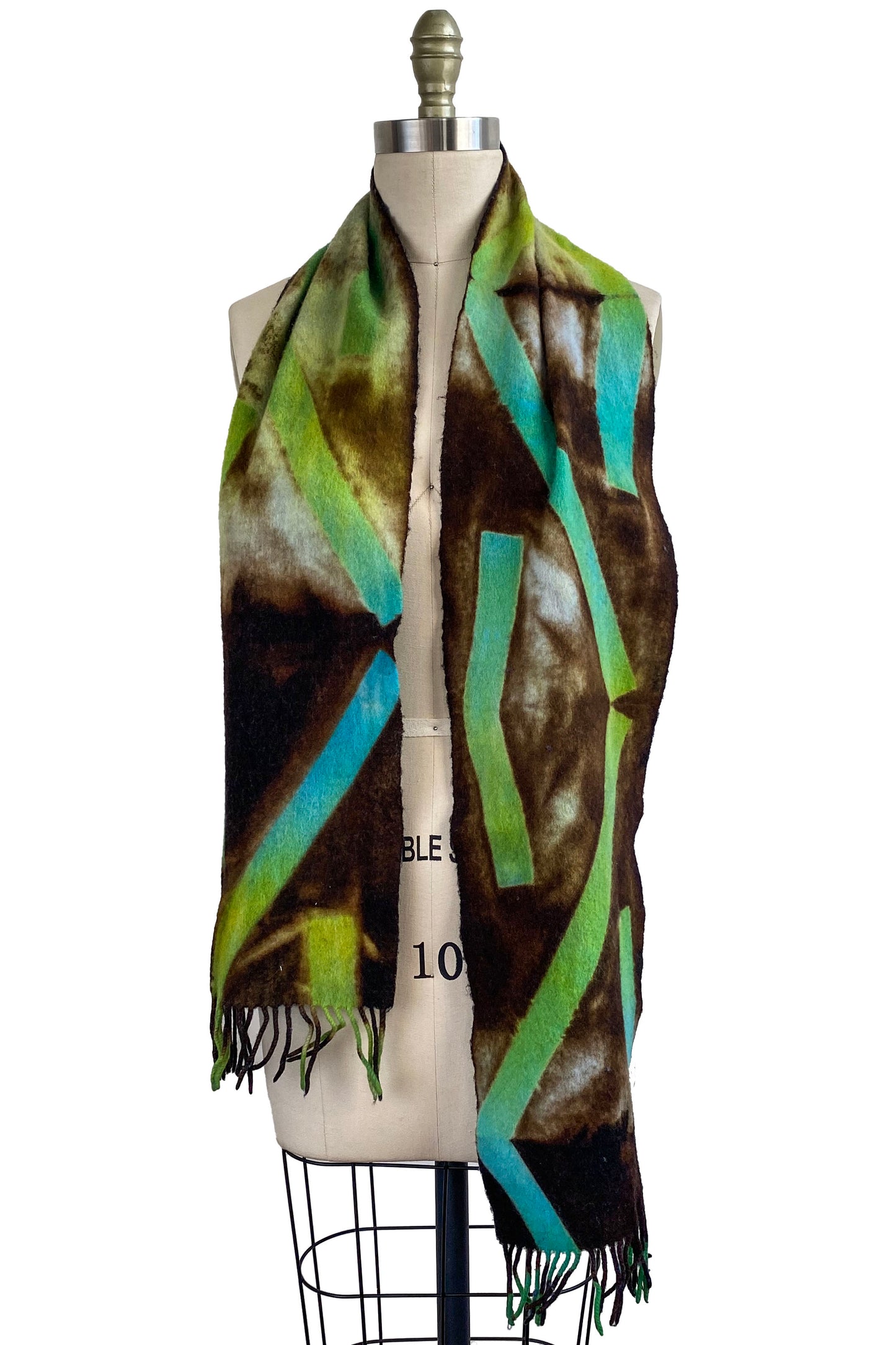 Cashmere Fringe Scarf w/ Shibori Dye Sticks - Brown & Chartreuse