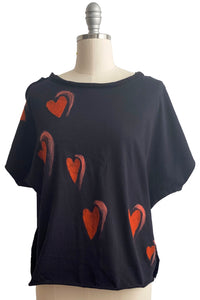 Jen Top w/ Wool Applique - Hearts - Black & Red - Small Long