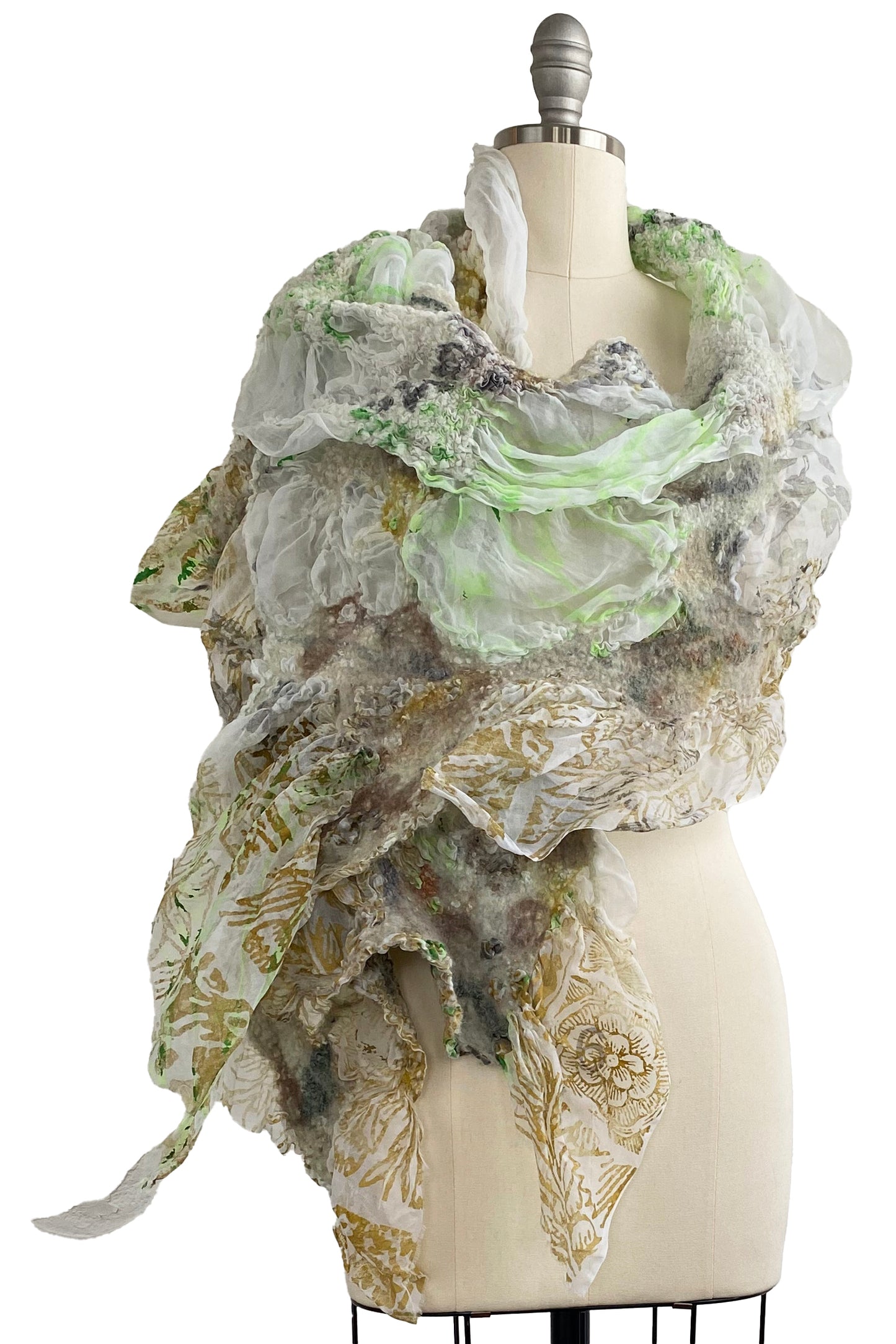 Felted Organza Shawl - White, Green, & Gold