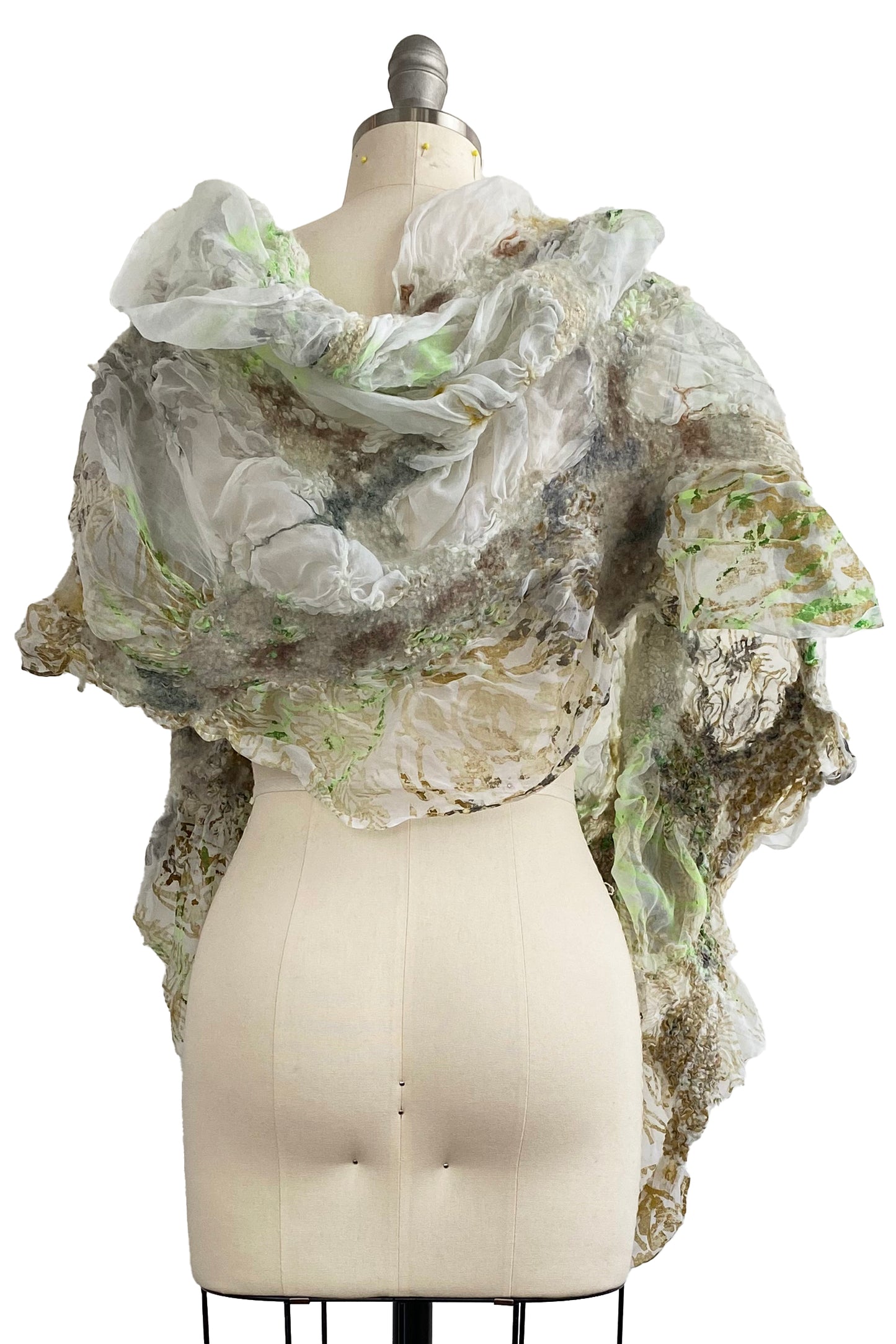 Felted Organza Shawl - White, Green, & Gold