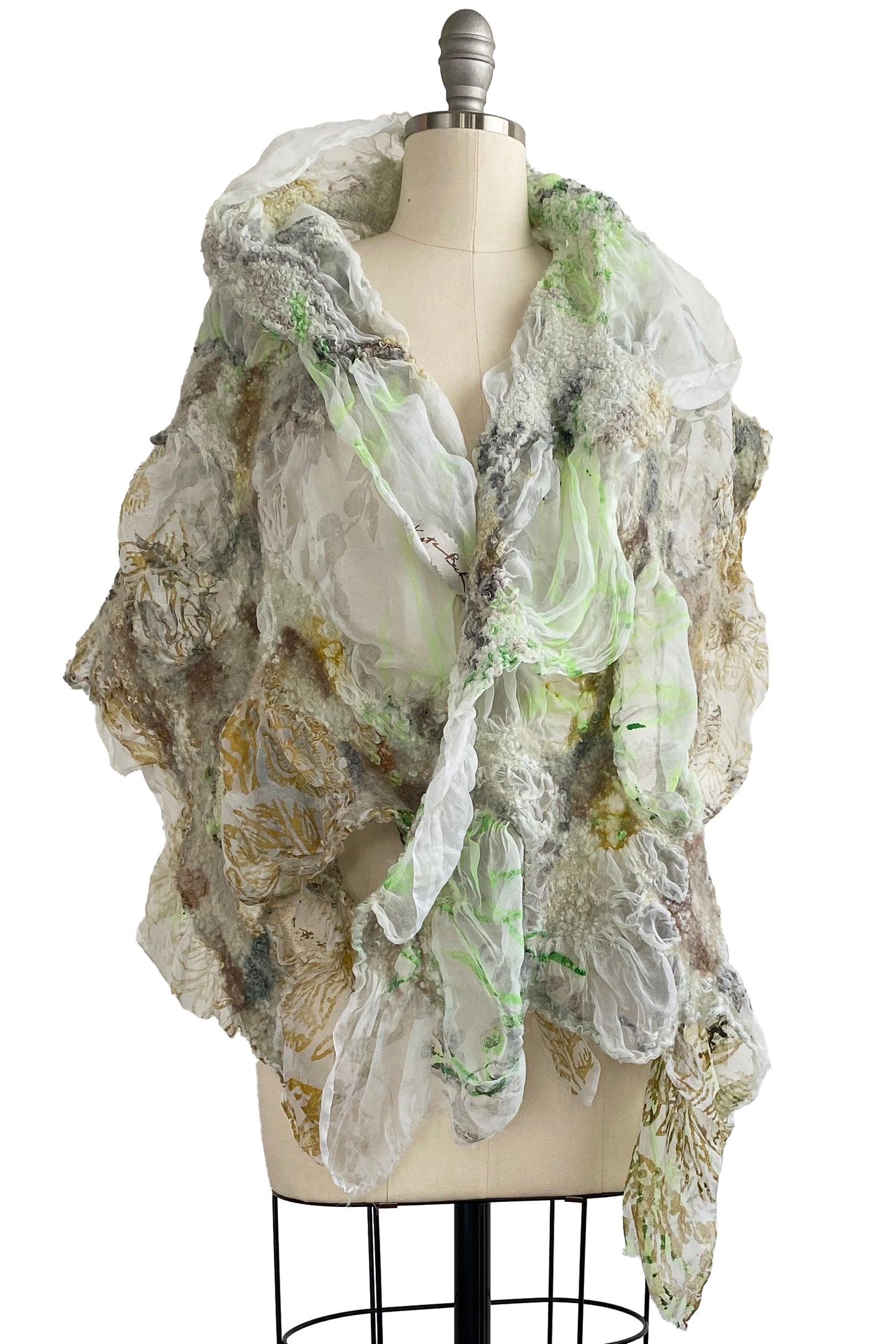 Felted Organza Shawl - White, Green, & Gold