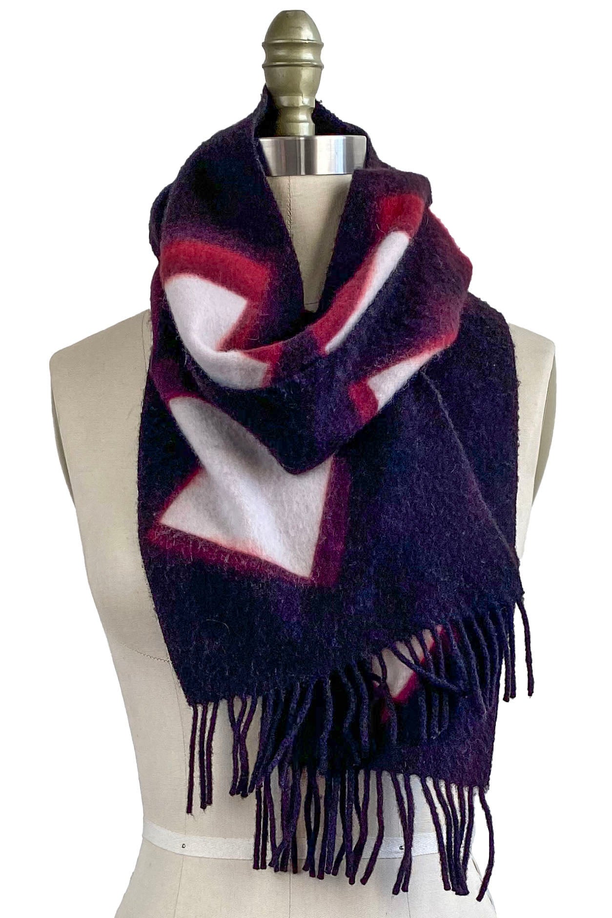 Cashmere Fringe Scarf w/ Shibori Dye Square - Eggplant, Red & White