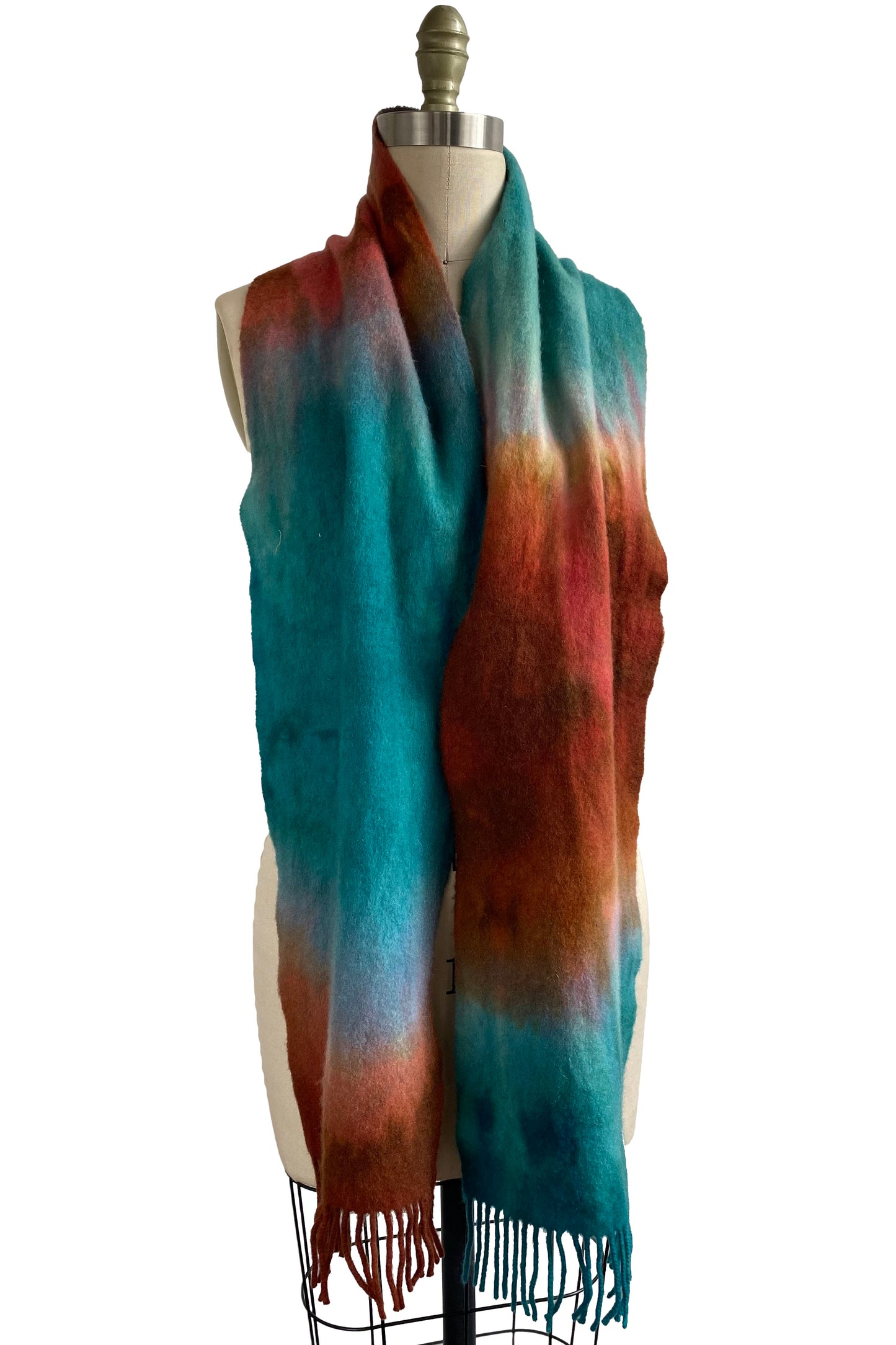 Cashmere Fringe Scarf w/ Ombre Dye - Rust & Turquoise