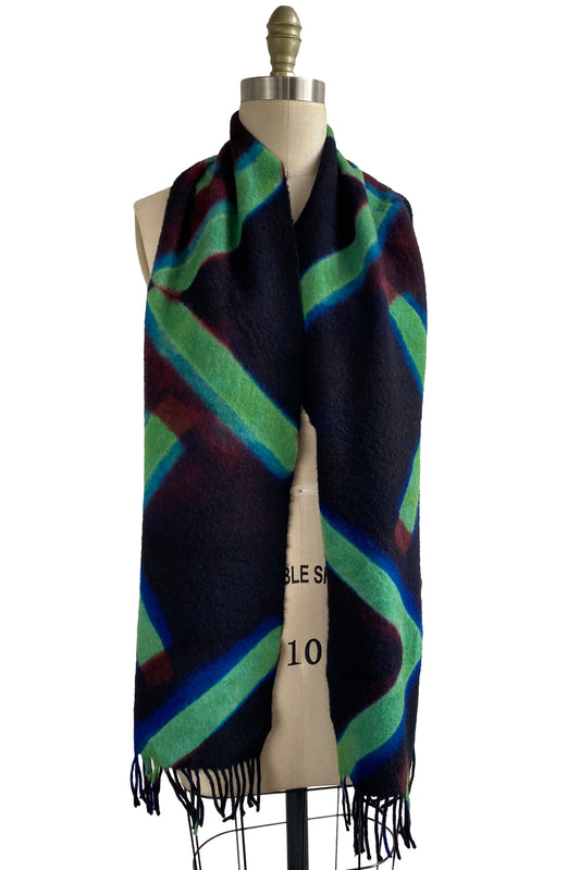 Cashmere Fringe Scarf w/ Shibori Dye Sticks - Green, Navy & Brown