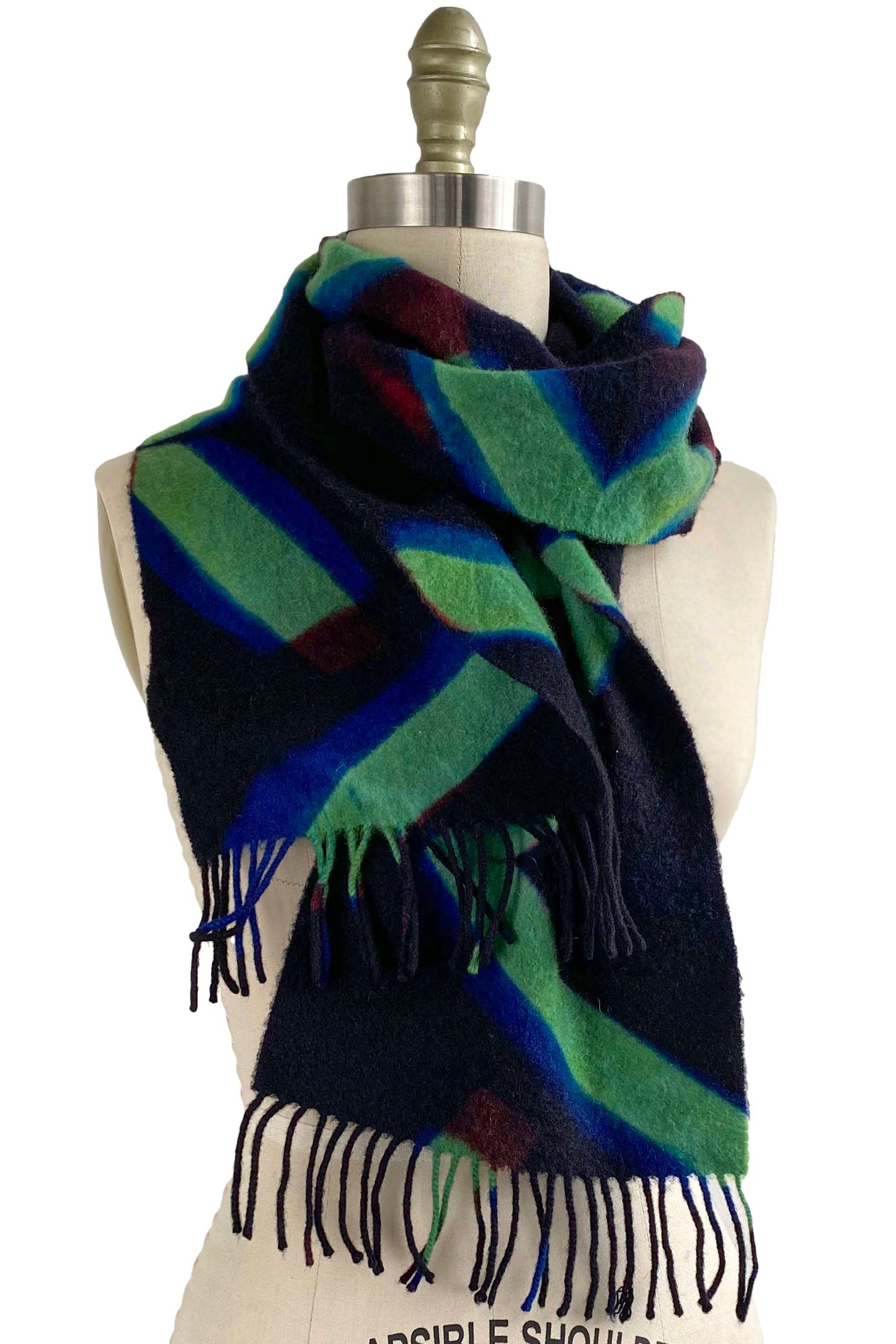 Cashmere Fringe Scarf w/ Shibori Dye Sticks - Green, Navy & Brown