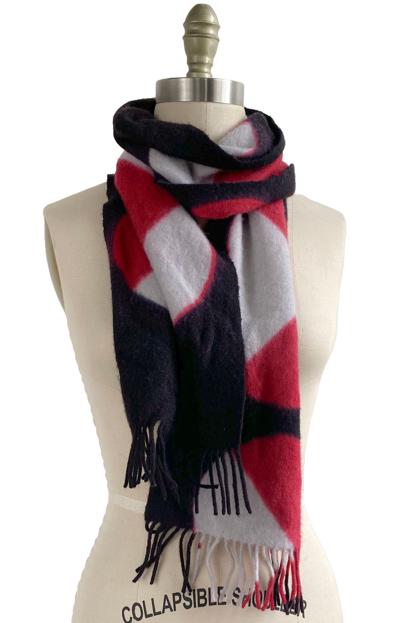 Cashmere Fringe Scarf w/ Shibori Dye Circle - Black, Red & White