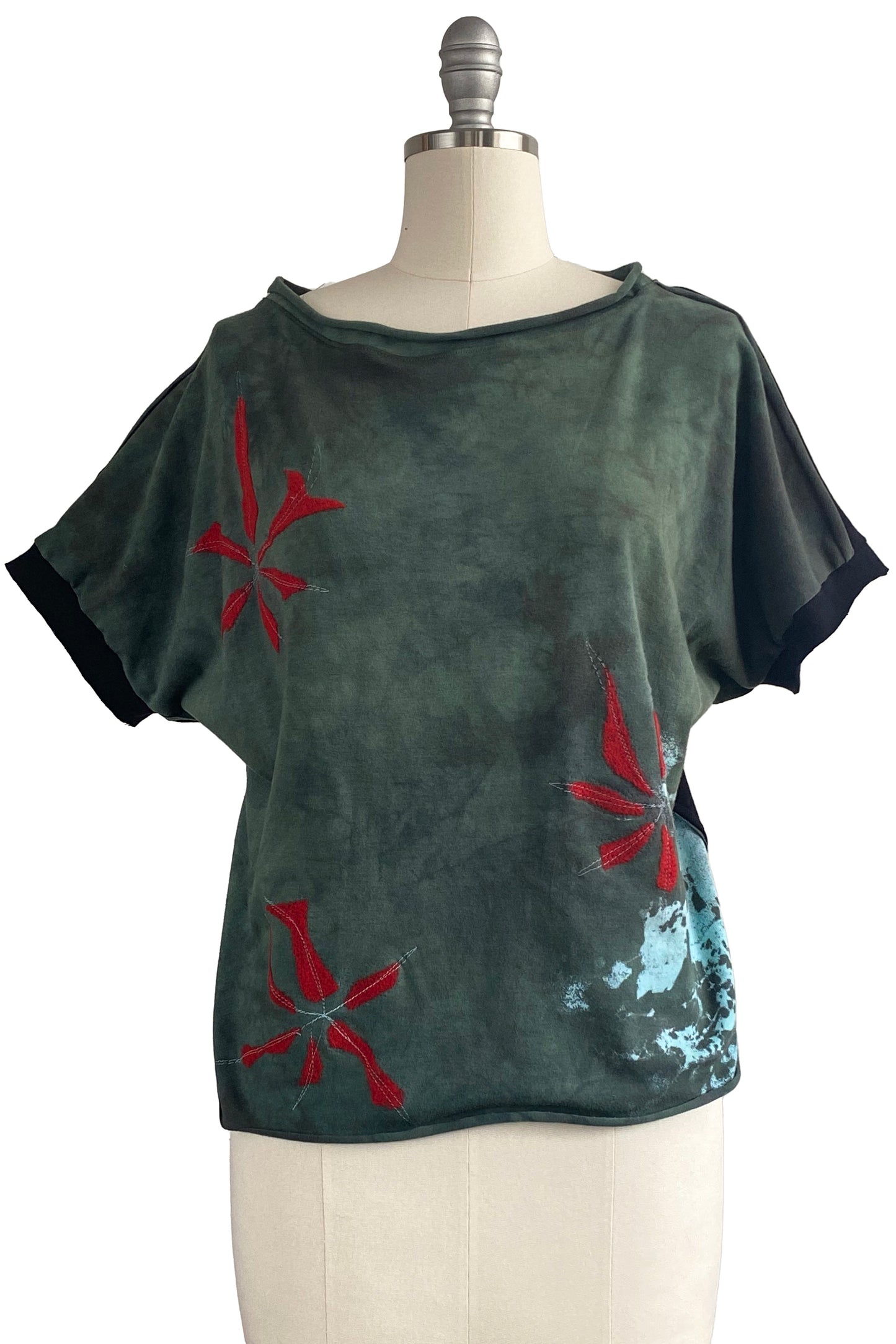 Jen Crop Top w/ Felted Flower, Bramble & Stitching - Green, Red & Black - Medium