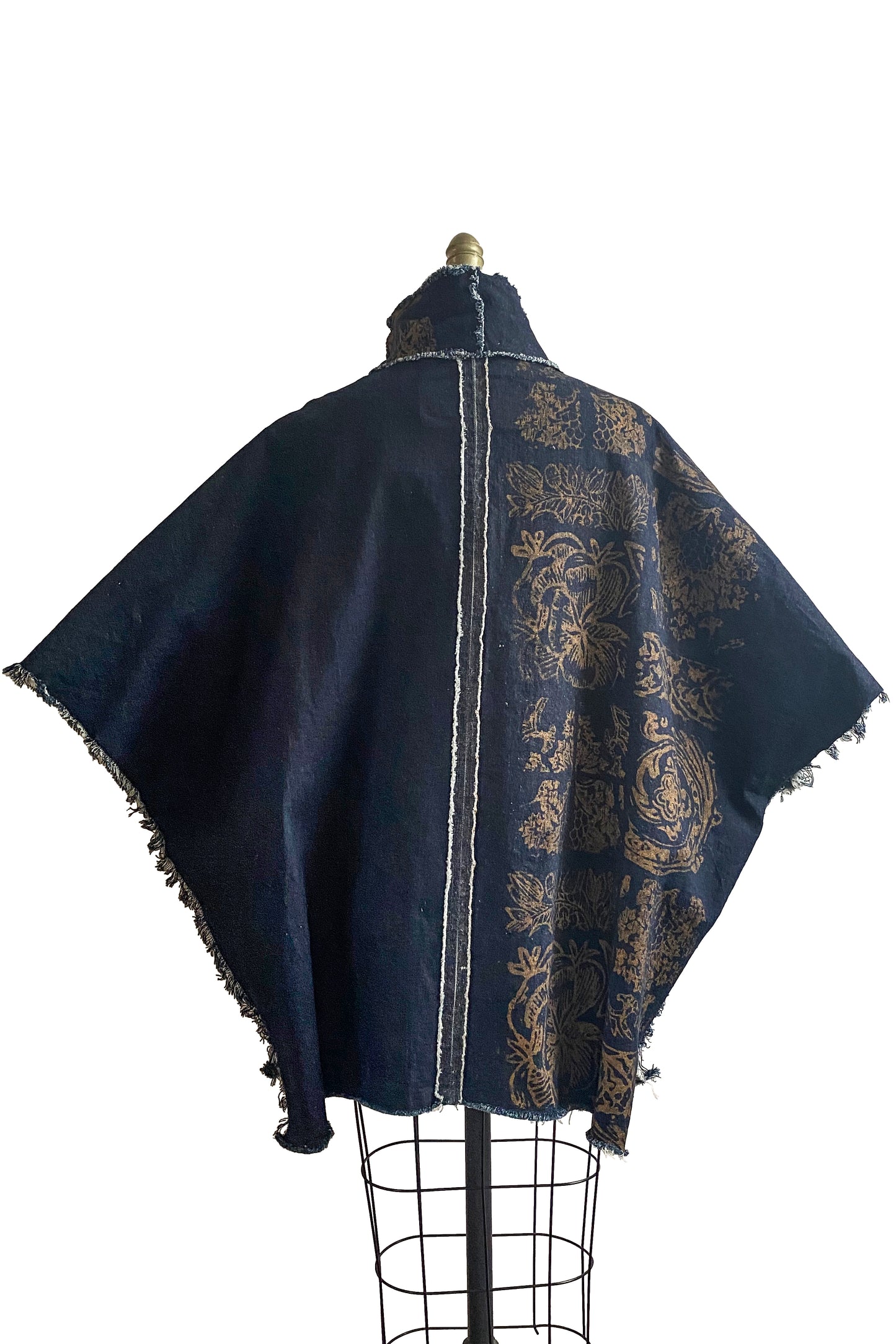 Wolf Cape in Denim w/ Tile Print - Denim Indigo & Gold - Medium