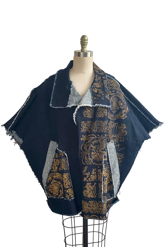 Wolf Cape in Denim w/ Tile Print - Denim Indigo & Gold - Medium